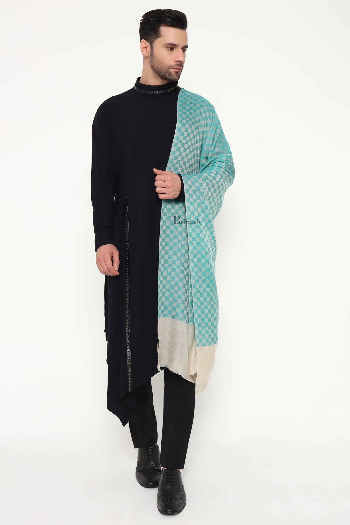 Pashtush India Mens Scarves Stoles and Mufflers Pashtush Mens Extra Fine Wool Stole, Checkered Design, Sea green