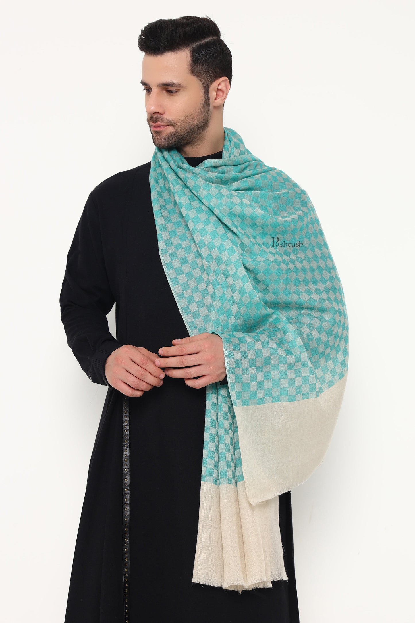 Pashtush India Mens Scarves Stoles and Mufflers Pashtush Mens Extra Fine Wool Stole, Checkered Design, Sea green