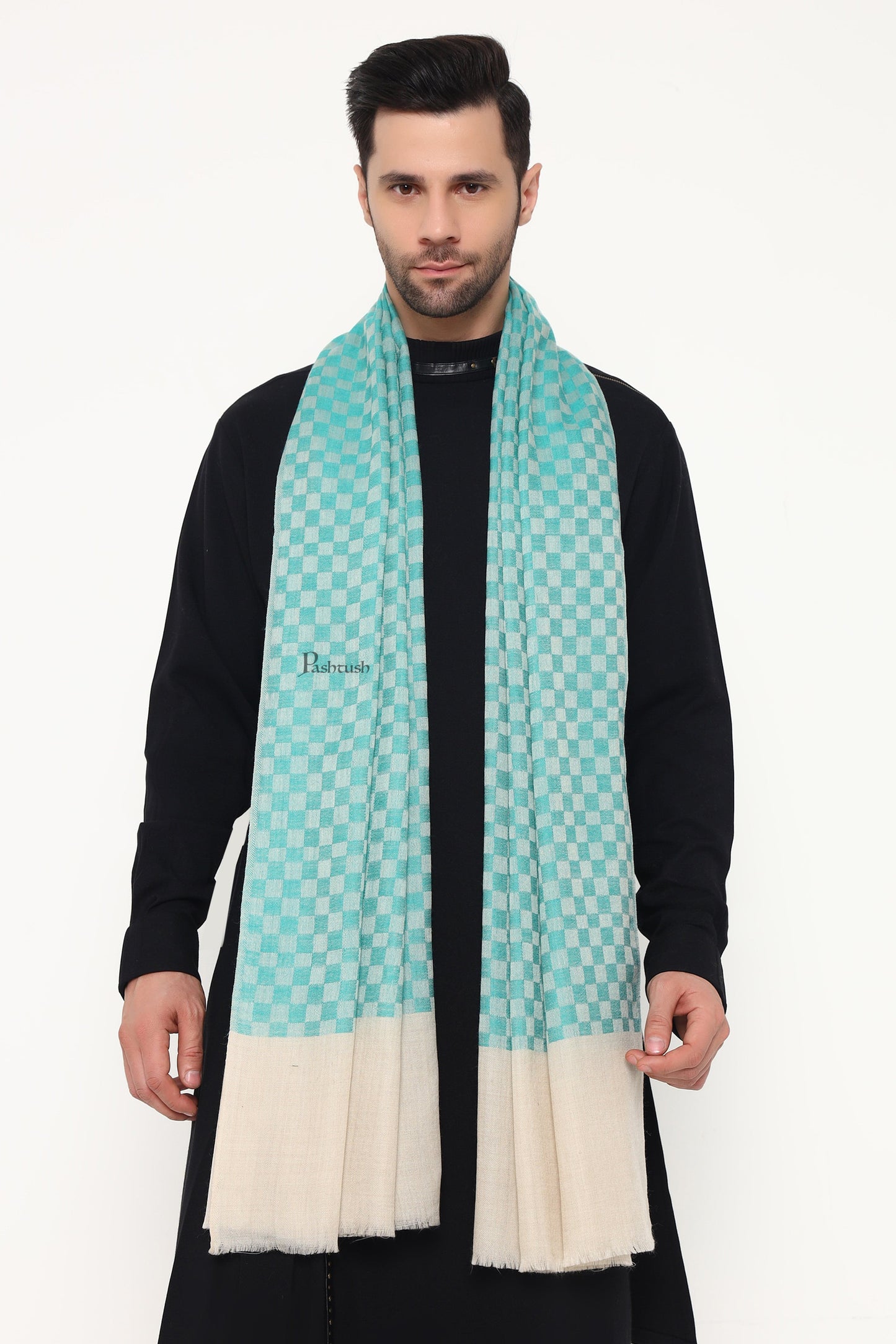 Pashtush India Mens Scarves Stoles and Mufflers Pashtush Mens Extra Fine Wool Stole, Checkered Design, Sea green