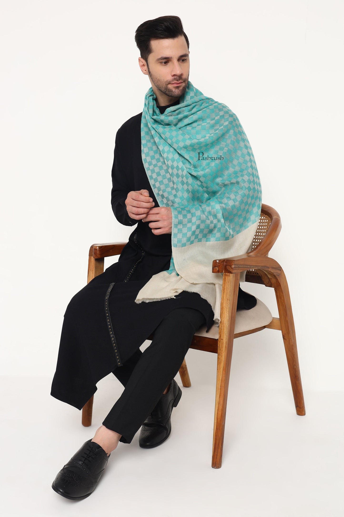 Pashtush India Mens Scarves Stoles and Mufflers Pashtush Mens Extra Fine Wool Stole, Checkered Design, Sea green