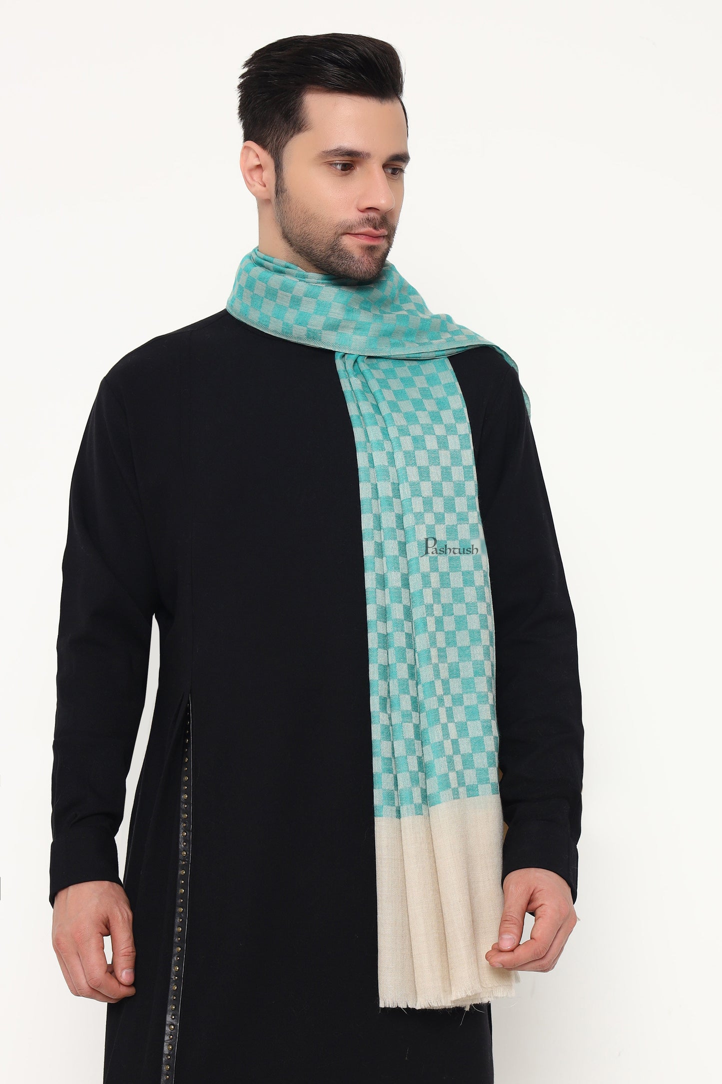 Pashtush India Mens Scarves Stoles and Mufflers Pashtush Mens Extra Fine Wool Stole, Checkered Design, Sea green