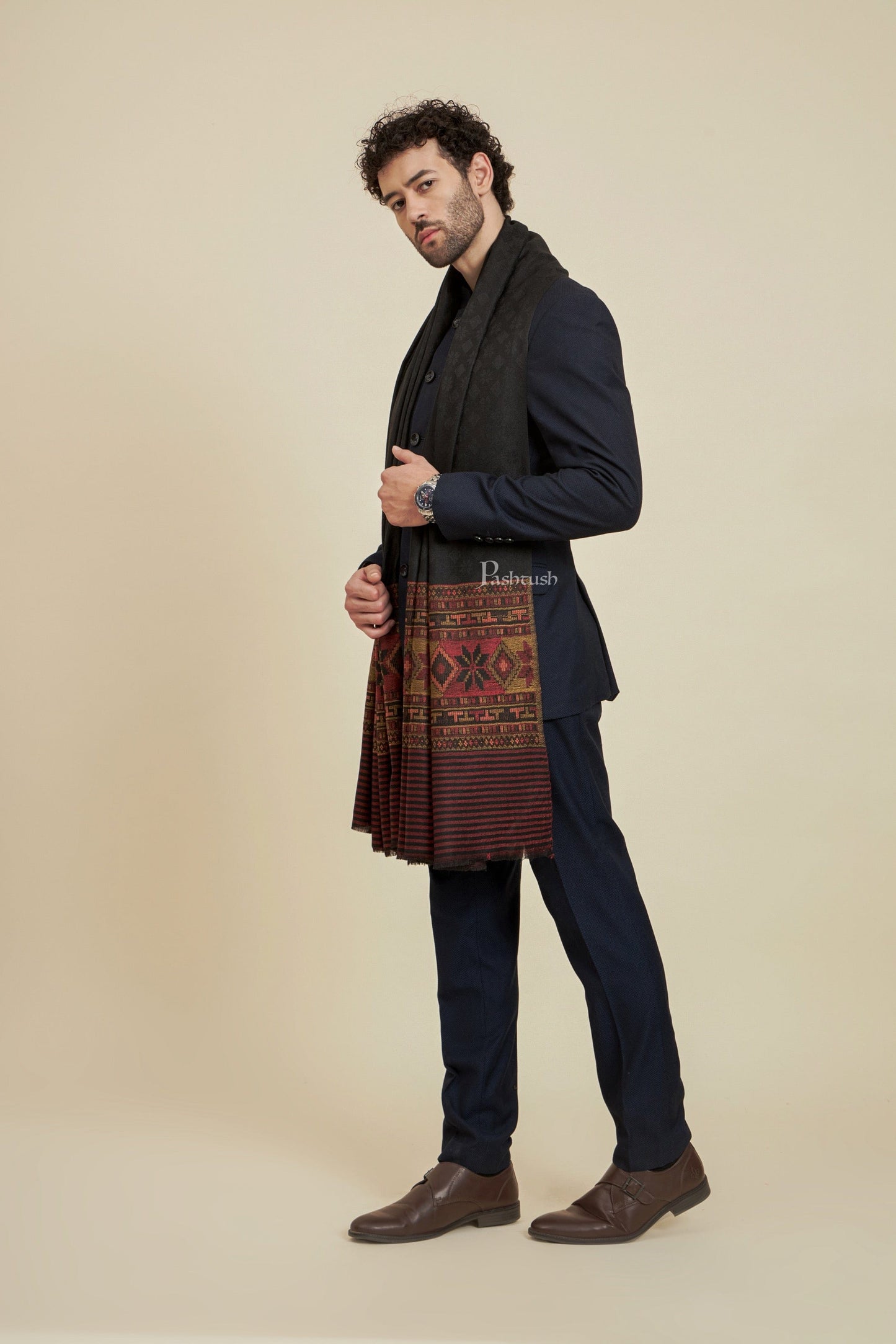 Pashtush India Mens Scarves Stoles and Mufflers Pashtush Mens Extra Fine Wool Stole, Design, Black