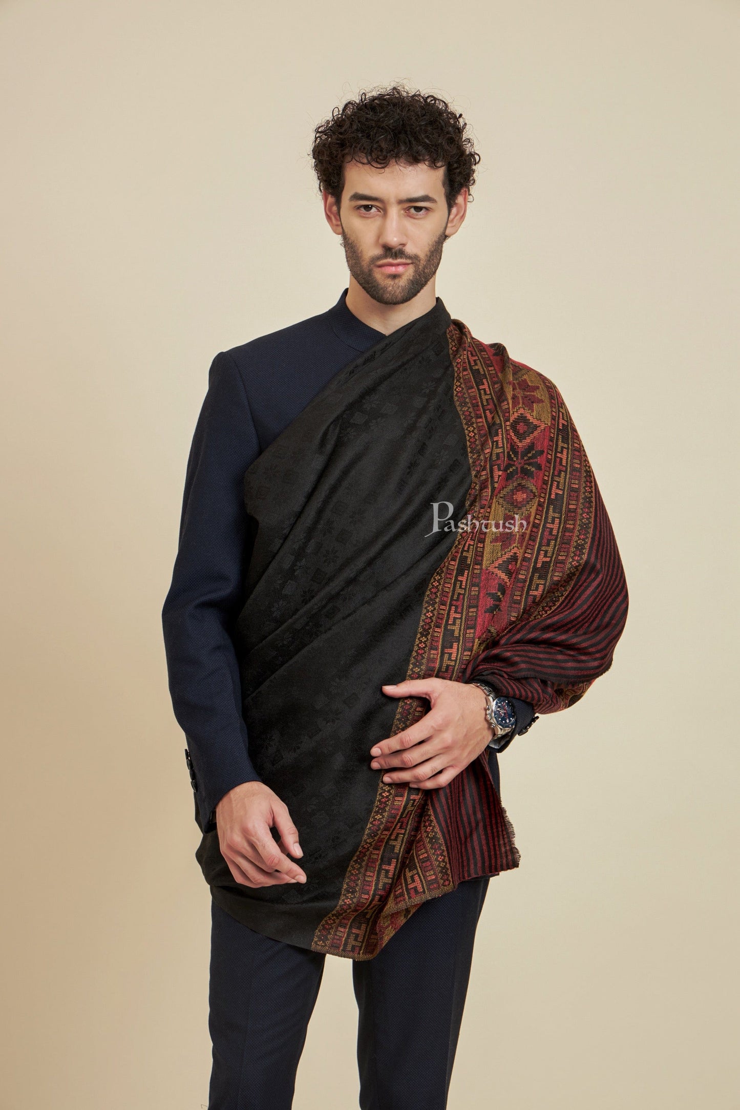 Pashtush India Mens Scarves Stoles and Mufflers Pashtush Mens Extra Fine Wool Stole, Design, Black