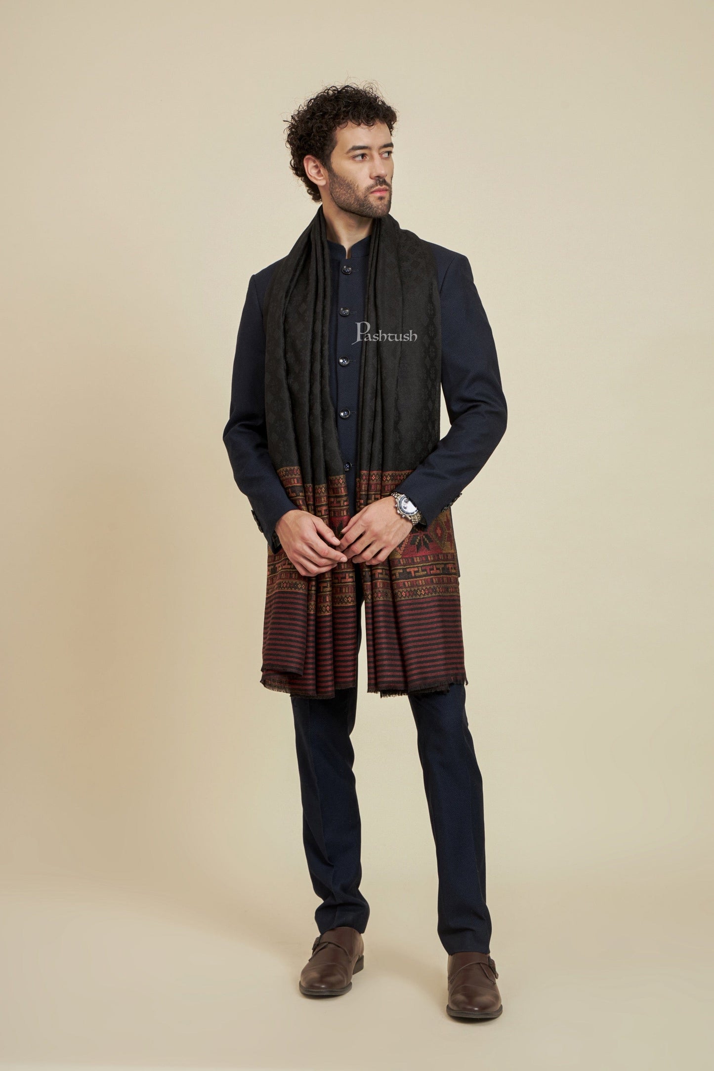 Pashtush India Mens Scarves Stoles and Mufflers Pashtush Mens Extra Fine Wool Stole, Design, Black