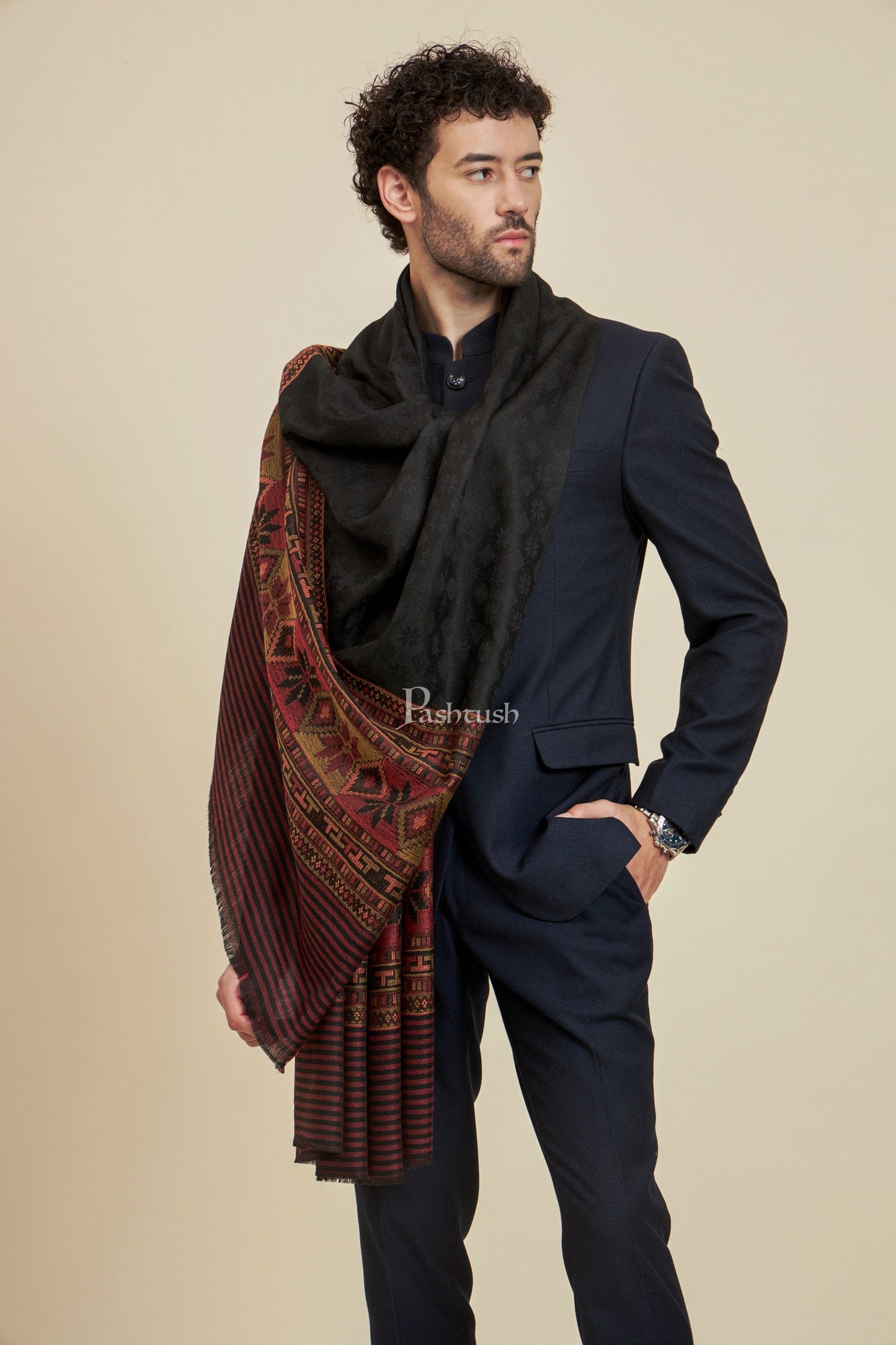 Pashtush India Mens Scarves Stoles and Mufflers Pashtush Mens Extra Fine Wool Stole, Design, Black