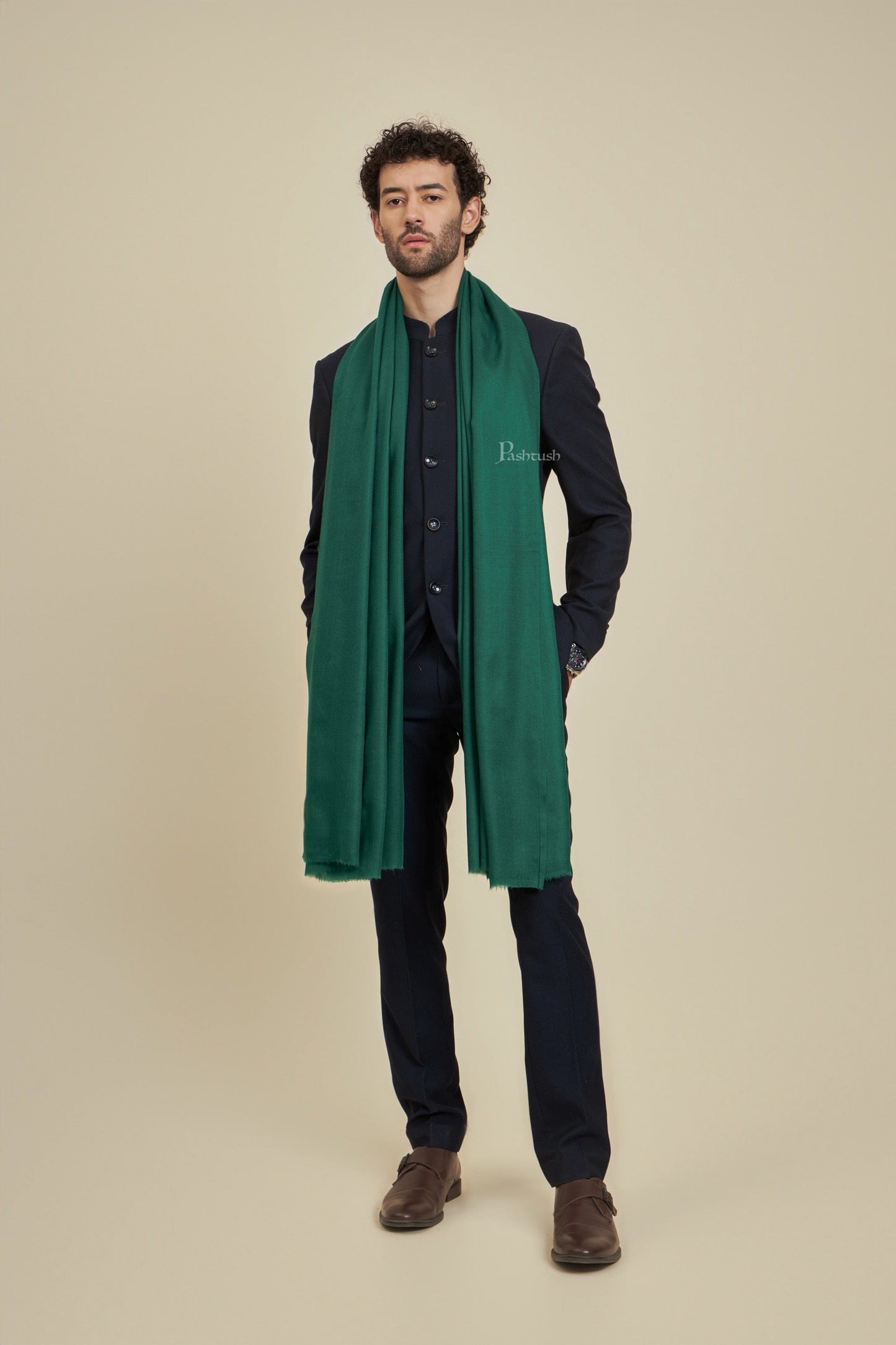 Pashtush India Mens Scarves Stoles and Mufflers Pashtush Mens Extra Fine Wool Stole, Design, Bottle Green