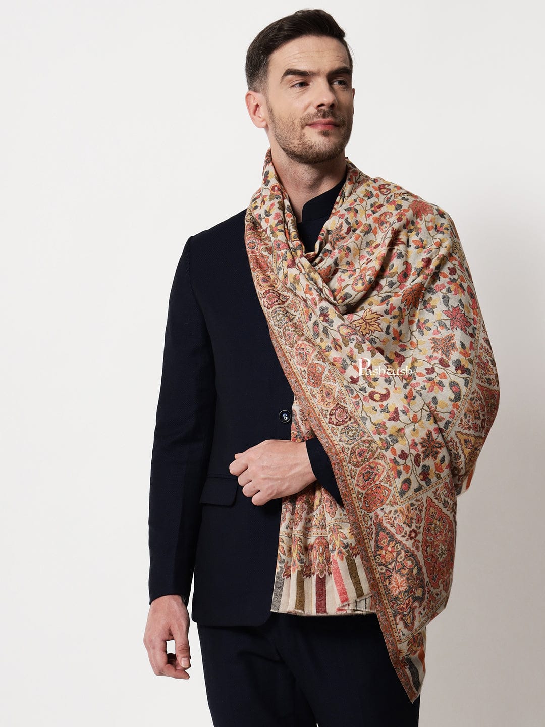 Pashtush India Mens Scarves Stoles and Mufflers Pashtush mens Extra Fine Wool stole, ethnic motifs design, Beige