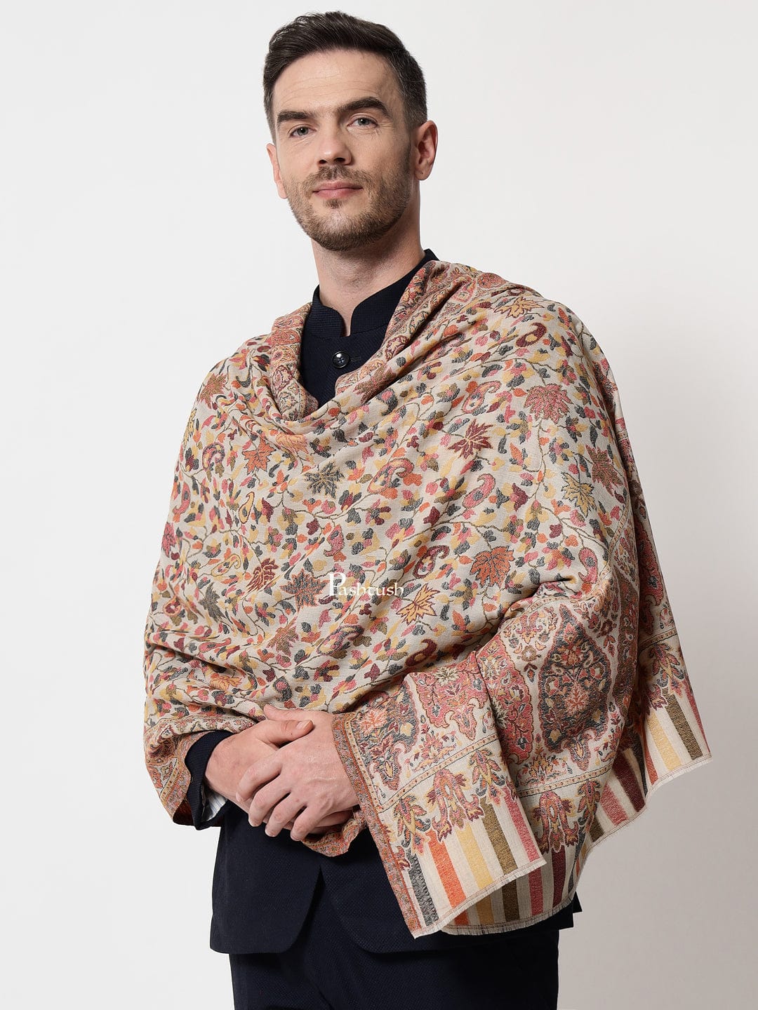 Pashtush India Mens Scarves Stoles and Mufflers Pashtush mens Extra Fine Wool stole, ethnic motifs design, Beige