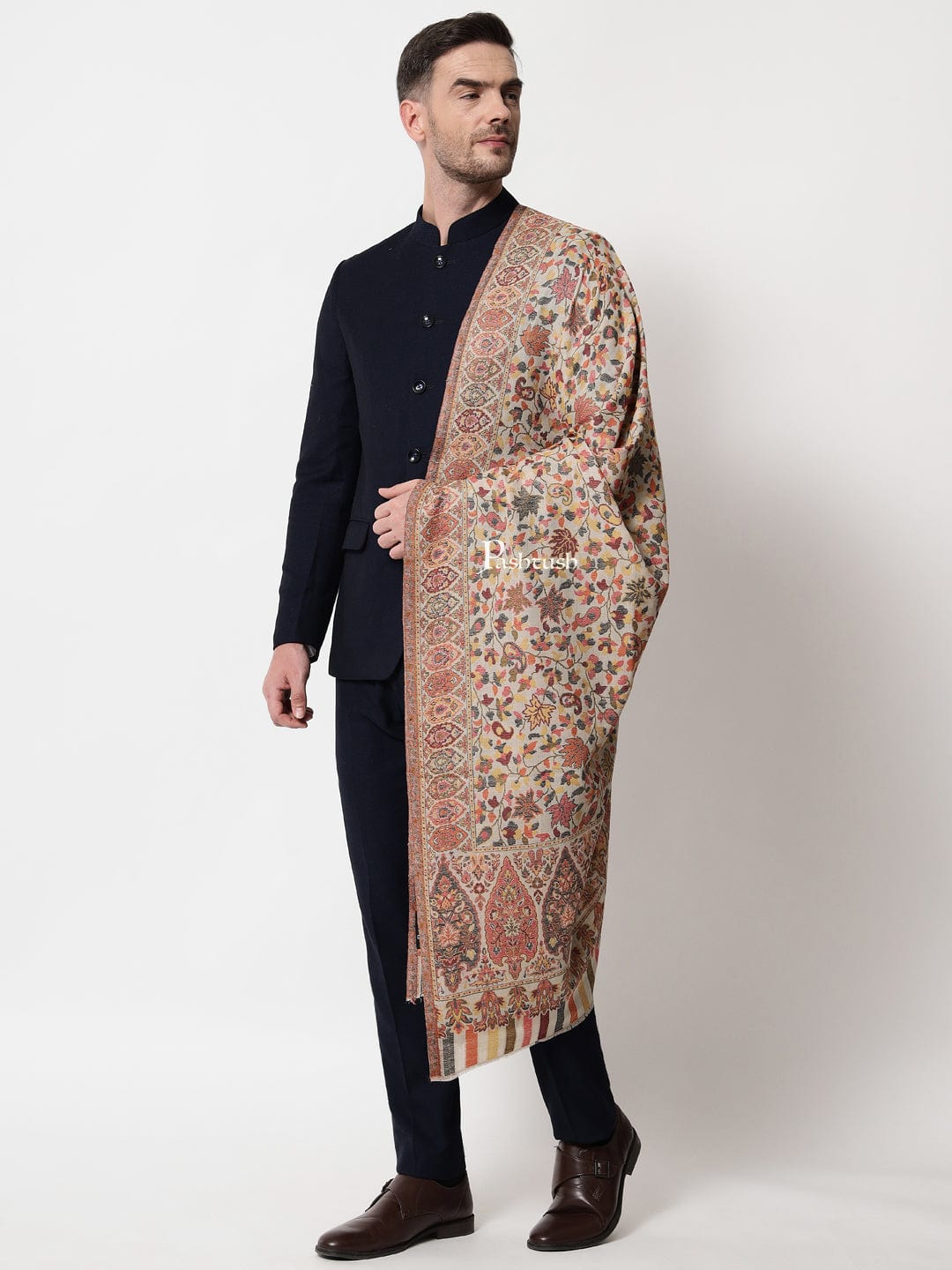 Pashtush India Mens Scarves Stoles and Mufflers Pashtush mens Extra Fine Wool stole, ethnic motifs design, Beige