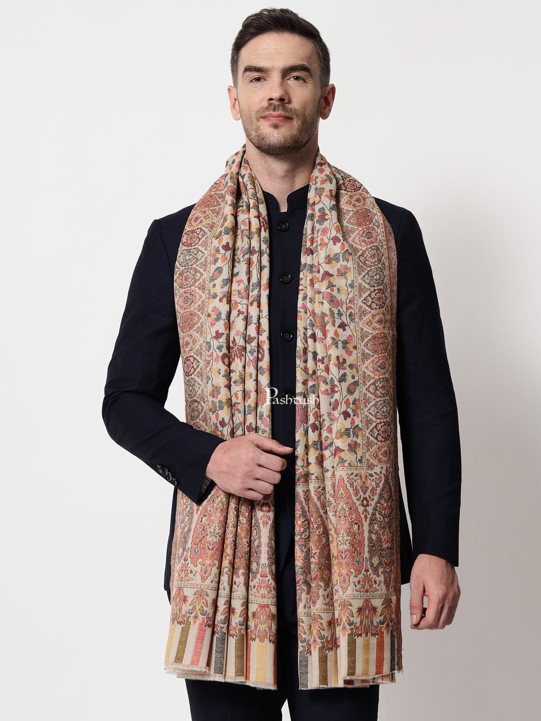 Pashtush India Mens Scarves Stoles and Mufflers Pashtush mens Extra Fine Wool stole, ethnic motifs design, Beige