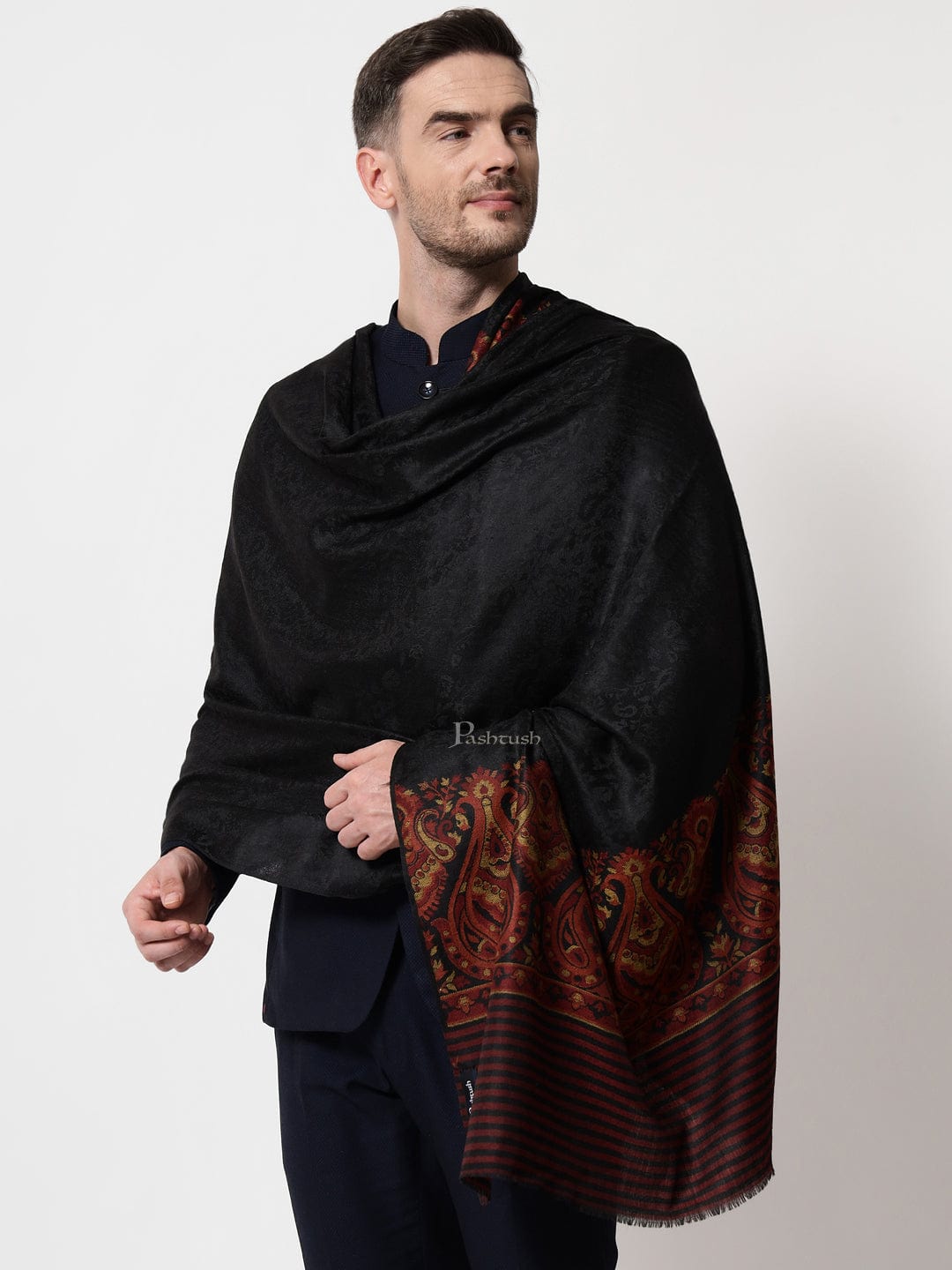 Pashtush India Mens Scarves Stoles and Mufflers Pashtush mens Extra Fine Wool stole, ethnic motifs design, Black