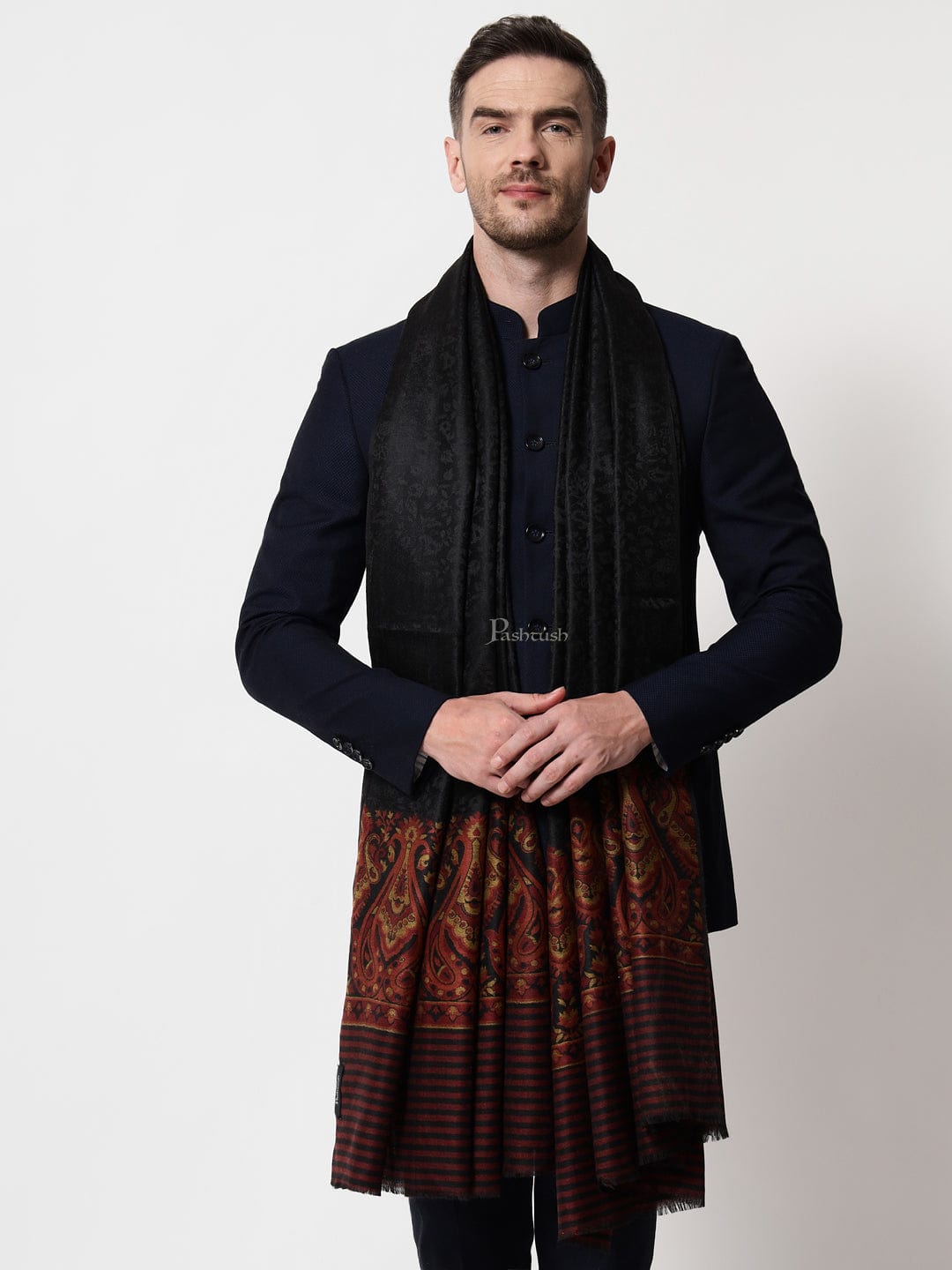 Pashtush India Mens Scarves Stoles and Mufflers Pashtush mens Extra Fine Wool stole, ethnic motifs design, Black