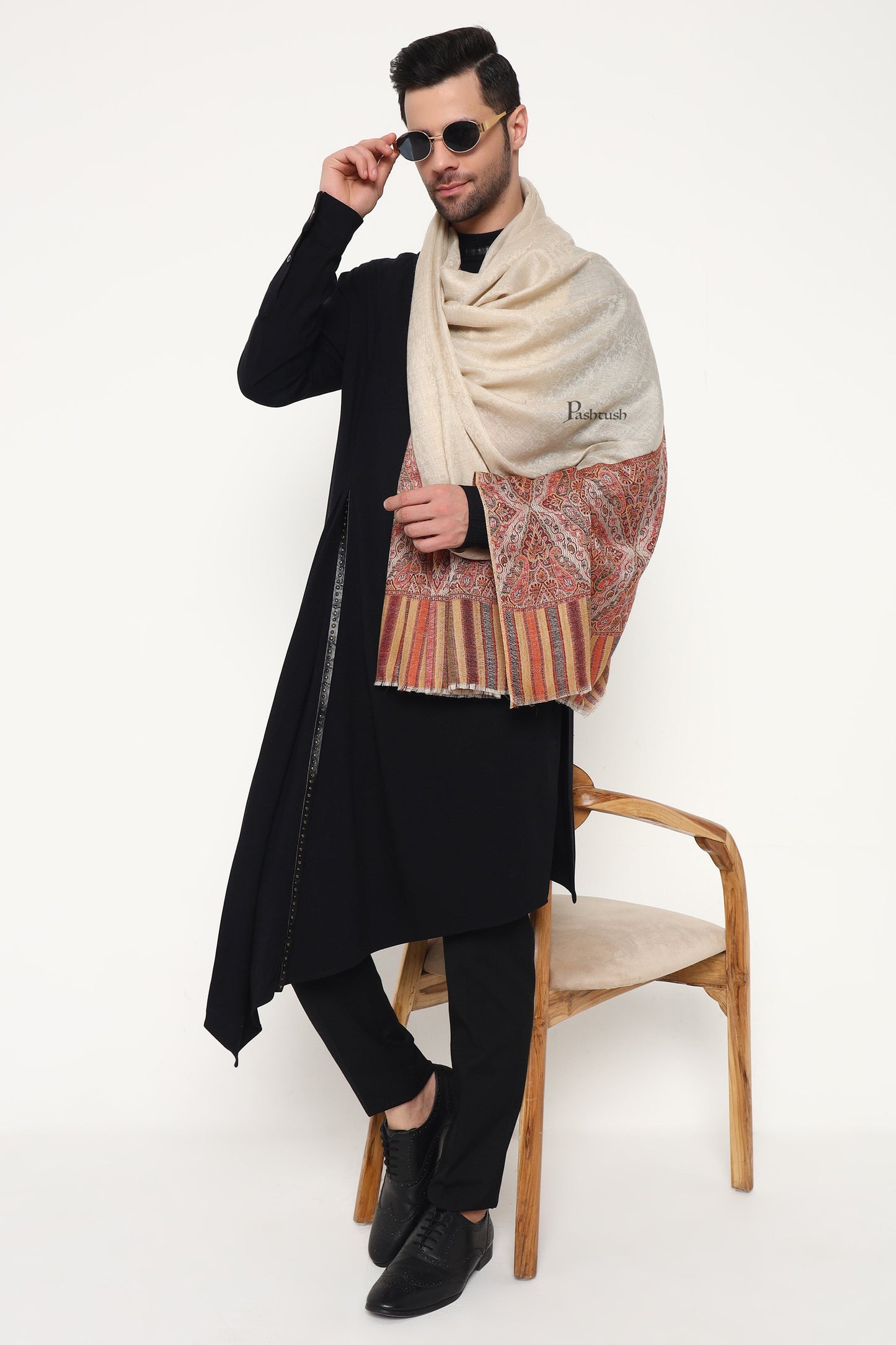 Pashtush India Mens Scarves Stoles and Mufflers Pashtush Mens Extra Fine Wool Stole, Ethnic Weave Design, Beige