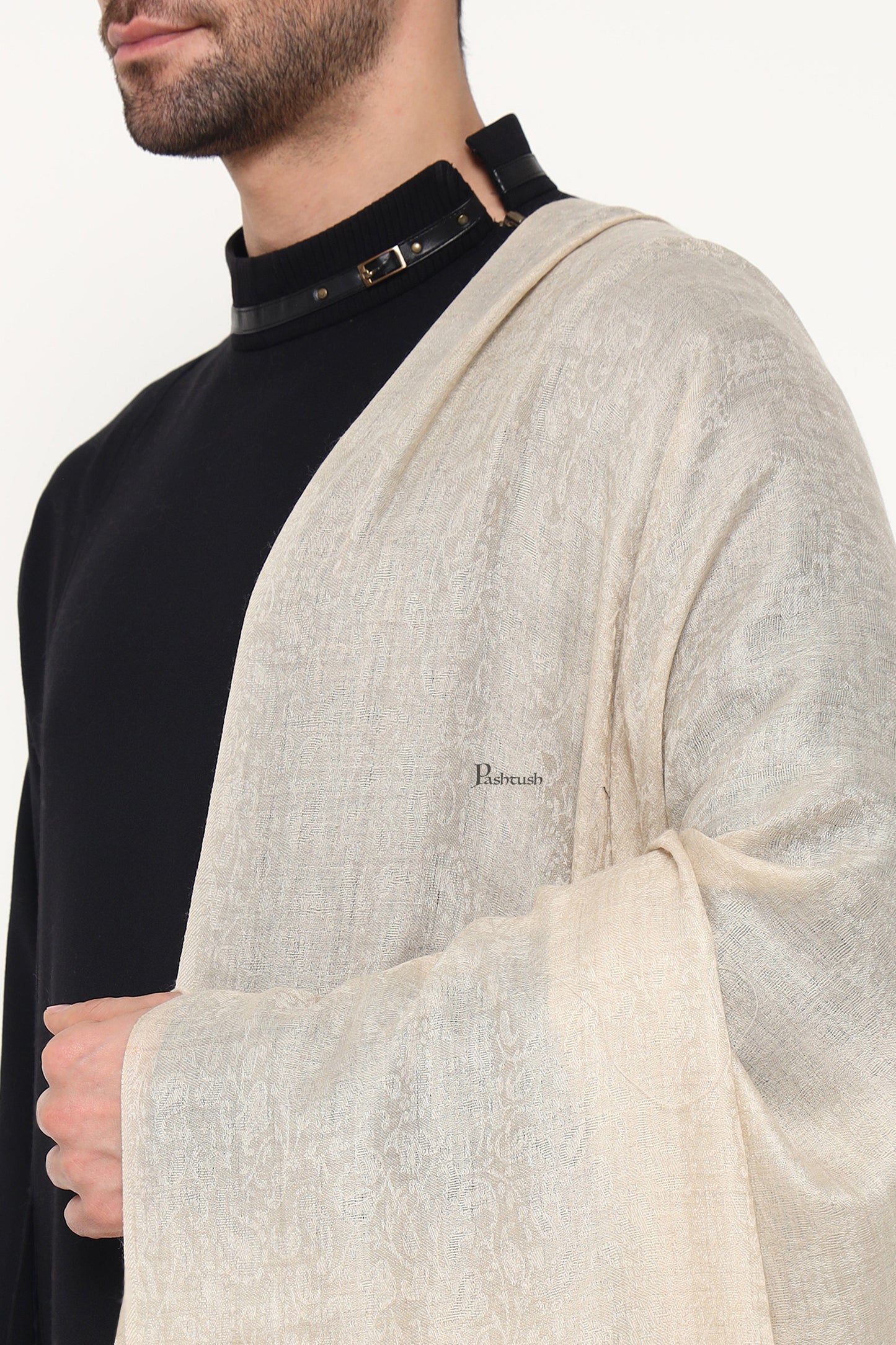 Pashtush India Mens Scarves Stoles and Mufflers Pashtush Mens Extra Fine Wool Stole, Ethnic Weave Design, Beige