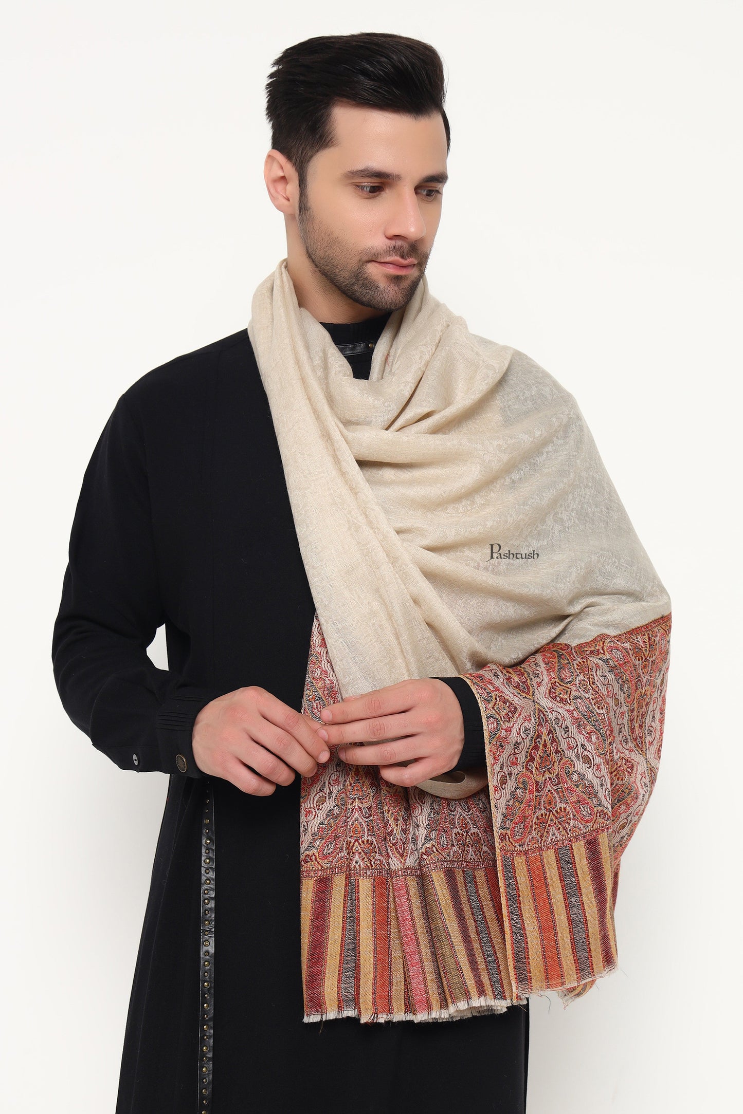 Pashtush India Mens Scarves Stoles and Mufflers Pashtush Mens Extra Fine Wool Stole, Ethnic Weave Design, Beige