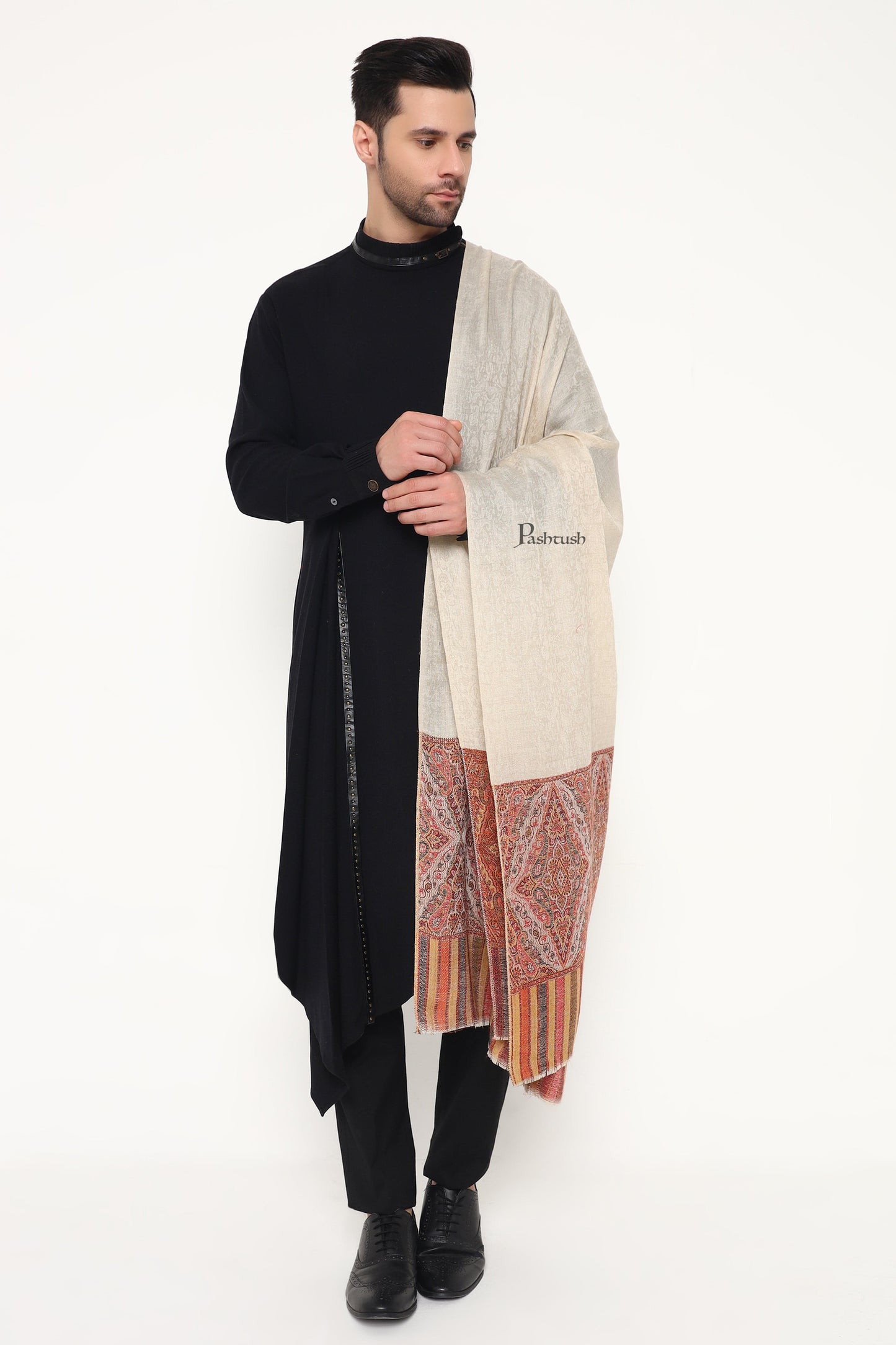Pashtush India Mens Scarves Stoles and Mufflers Pashtush Mens Extra Fine Wool Stole, Ethnic Weave Design, Beige