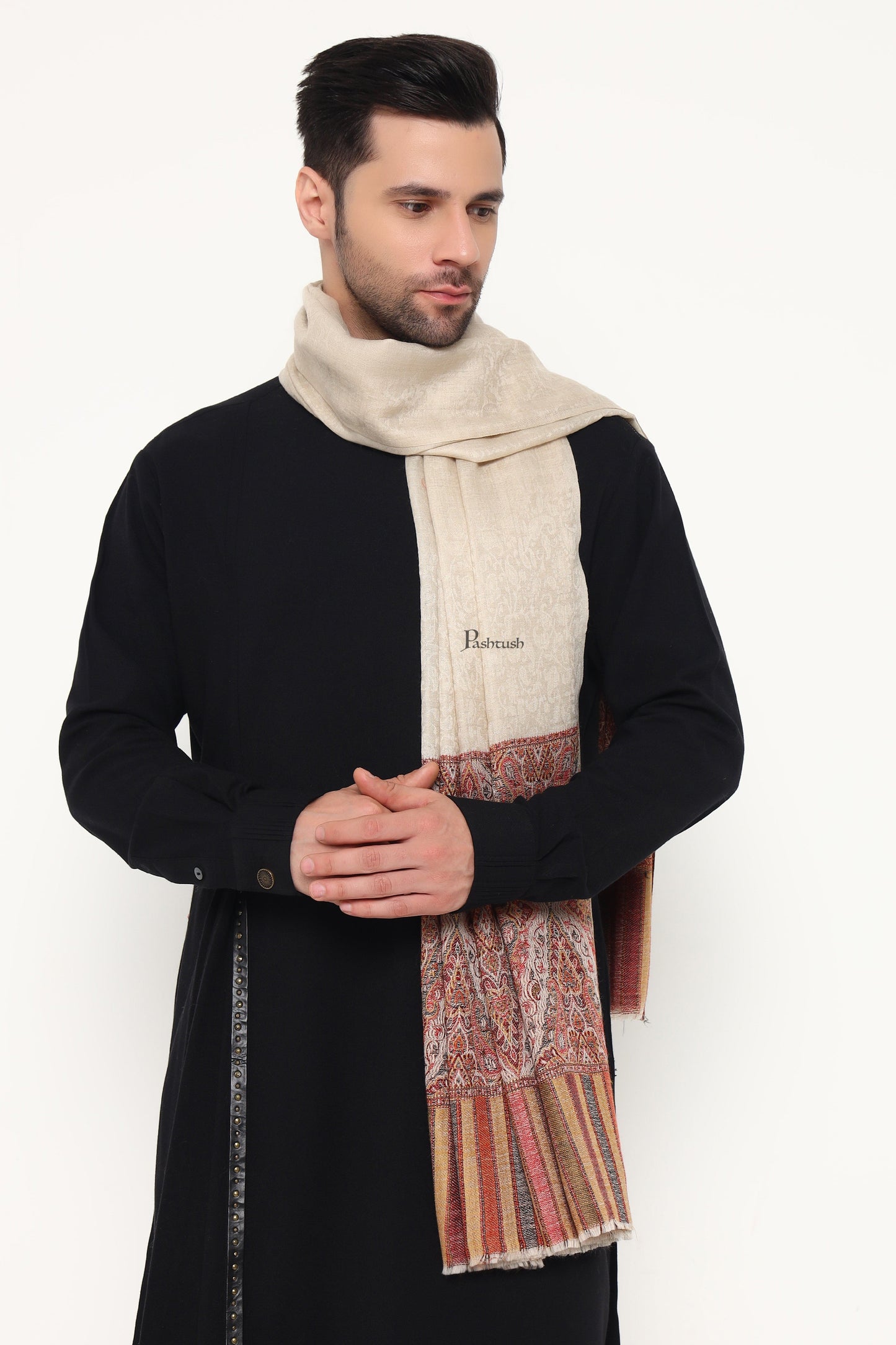 Pashtush India Mens Scarves Stoles and Mufflers Pashtush Mens Extra Fine Wool Stole, Ethnic Weave Design, Beige