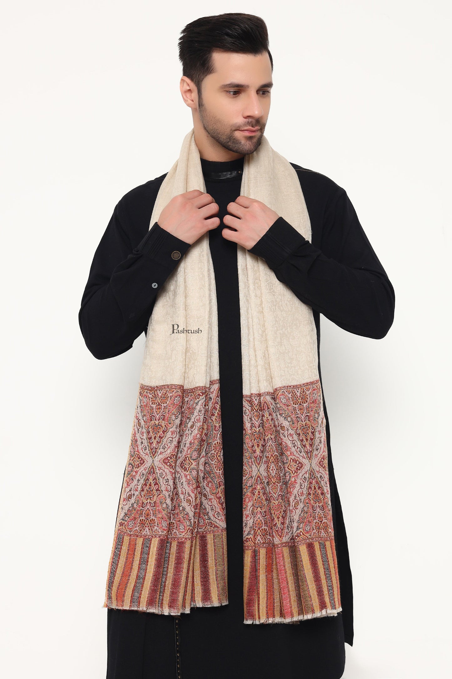 Pashtush India Mens Scarves Stoles and Mufflers Pashtush Mens Extra Fine Wool Stole, Ethnic Weave Design, Beige