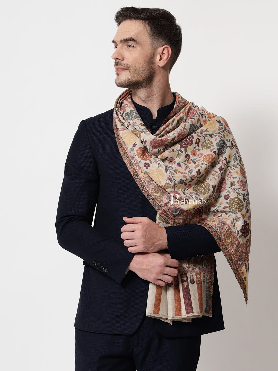 Pashtush India Mens Scarves Stoles and Mufflers Pashtush mens Extra Fine Wool stole, floral design, Multicolour