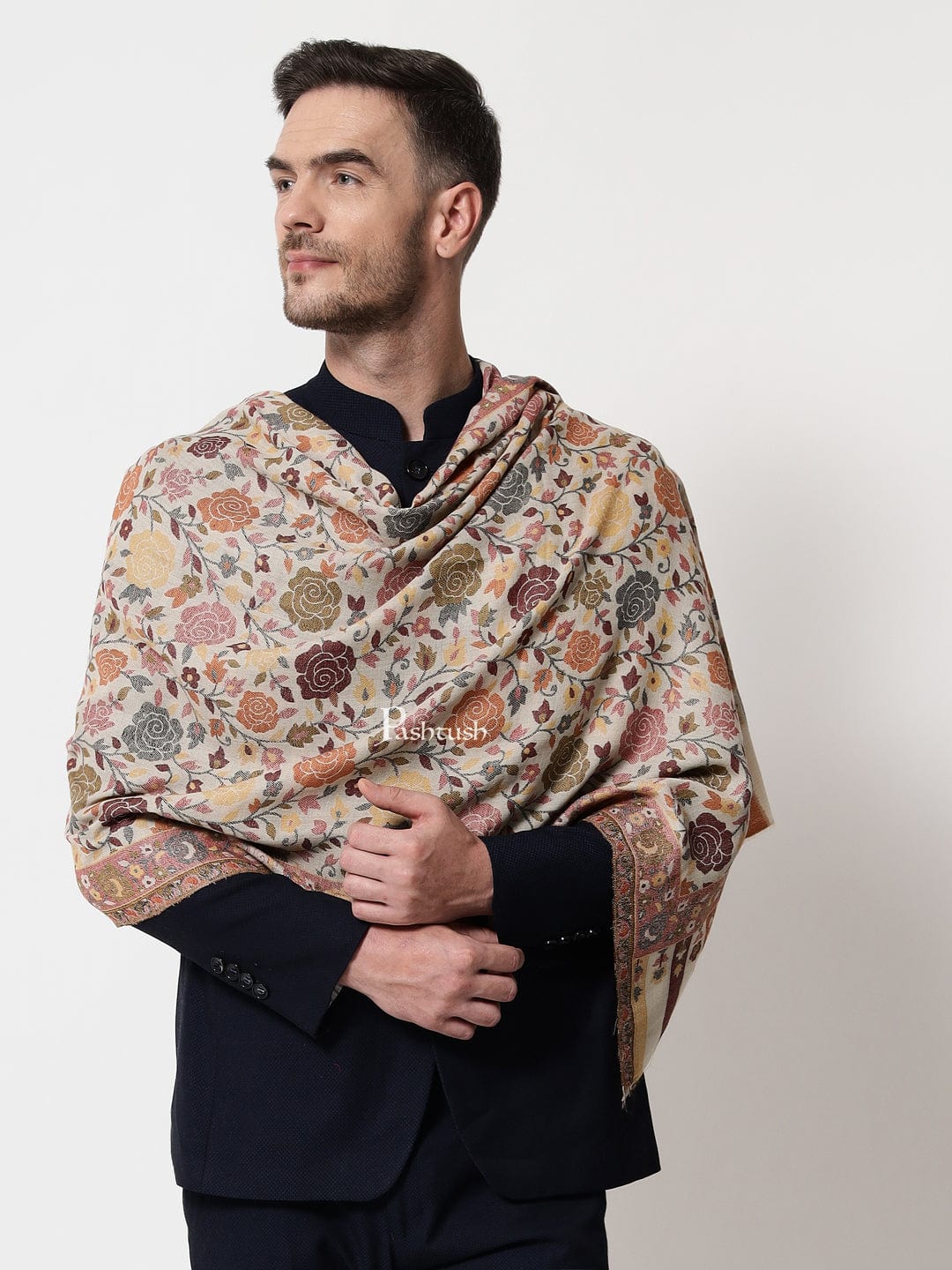Pashtush India Mens Scarves Stoles and Mufflers Pashtush mens Extra Fine Wool stole, floral design, Multicolour
