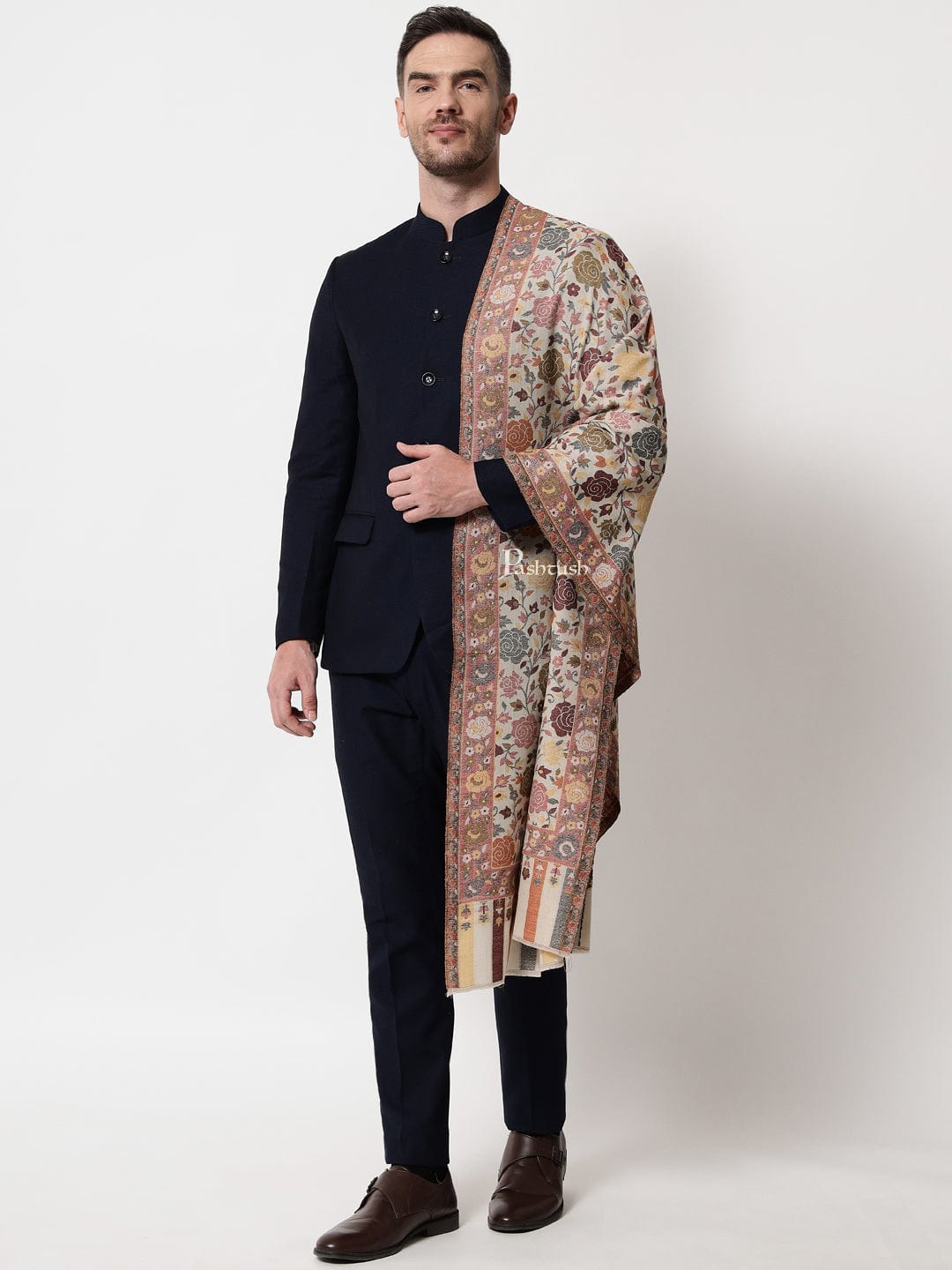 Pashtush India Mens Scarves Stoles and Mufflers Pashtush mens Extra Fine Wool stole, floral design, Multicolour