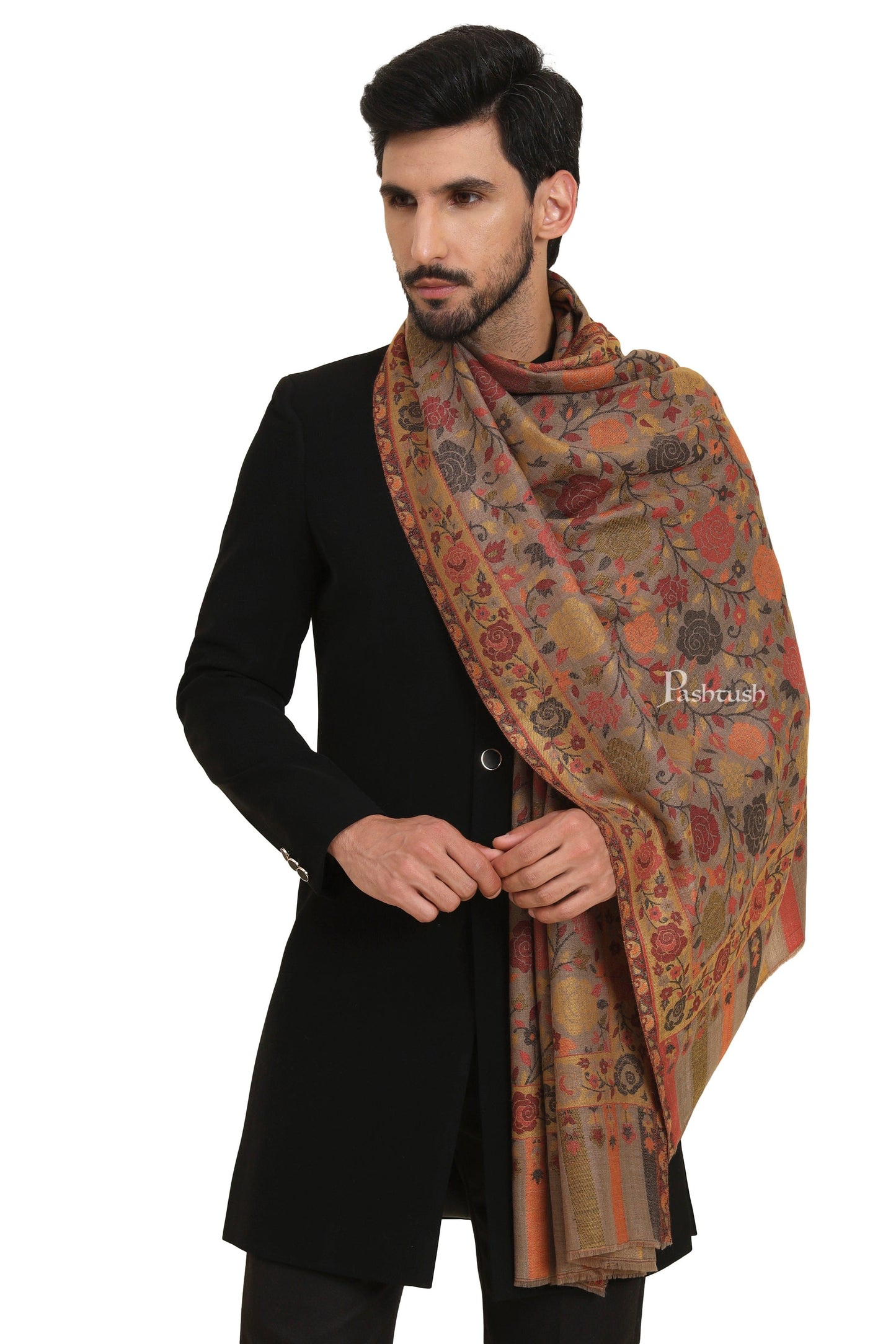 Pashtush India Mens Scarves Stoles and Mufflers Pashtush Mens Extra Fine Wool Stole, Gulabdar Woven Design, Taupe