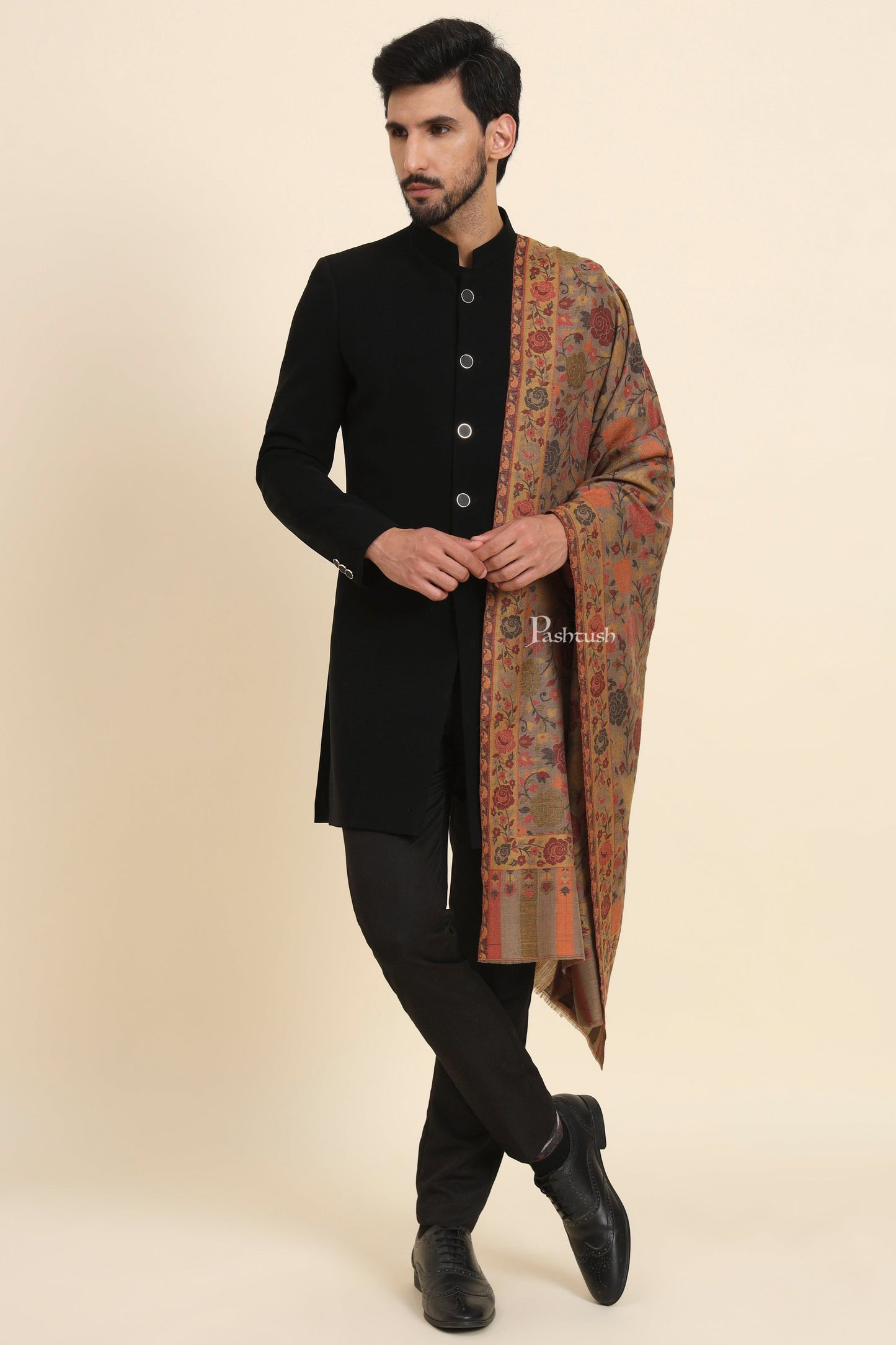 Pashtush India Mens Scarves Stoles and Mufflers Pashtush Mens Extra Fine Wool Stole, Gulabdar Woven Design, Taupe