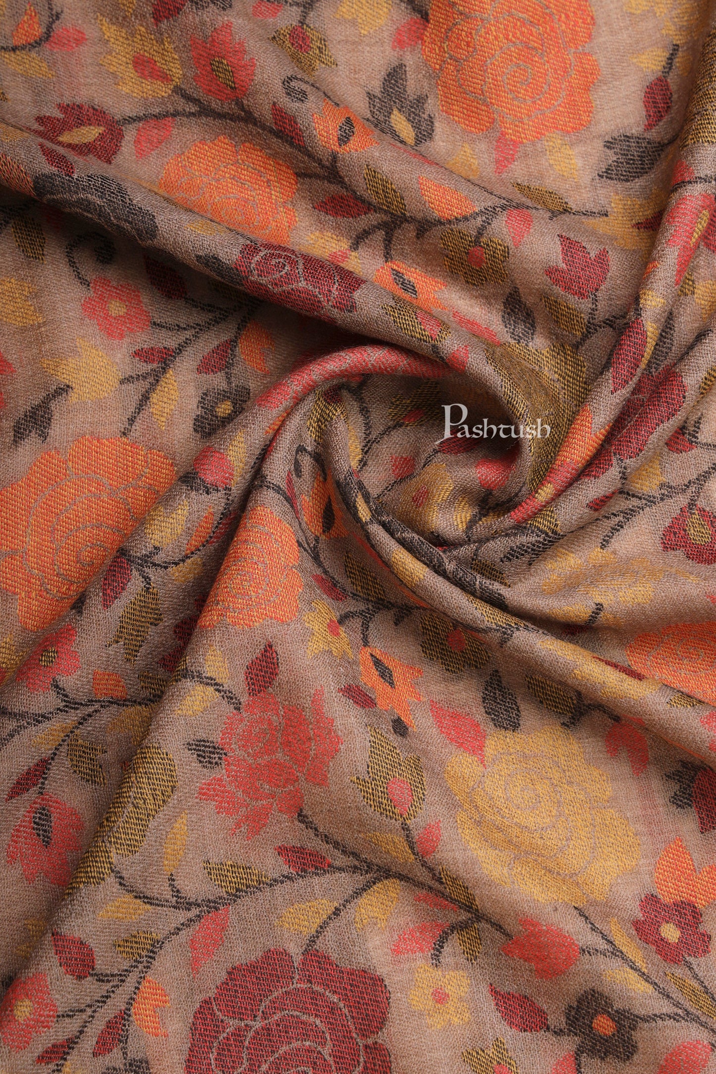 Pashtush India Mens Scarves Stoles and Mufflers Pashtush Mens Extra Fine Wool Stole, Gulabdar Woven Design, Taupe
