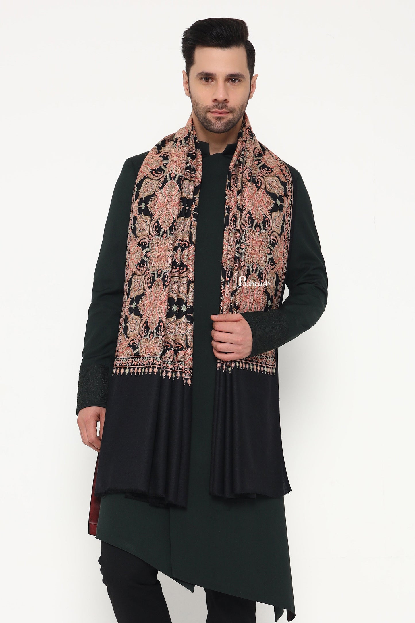 Pashtush India Mens Scarves Stoles and Mufflers Pashtush Mens Extra Fine Wool Stole, Heavy Jama Jaal Design, Black