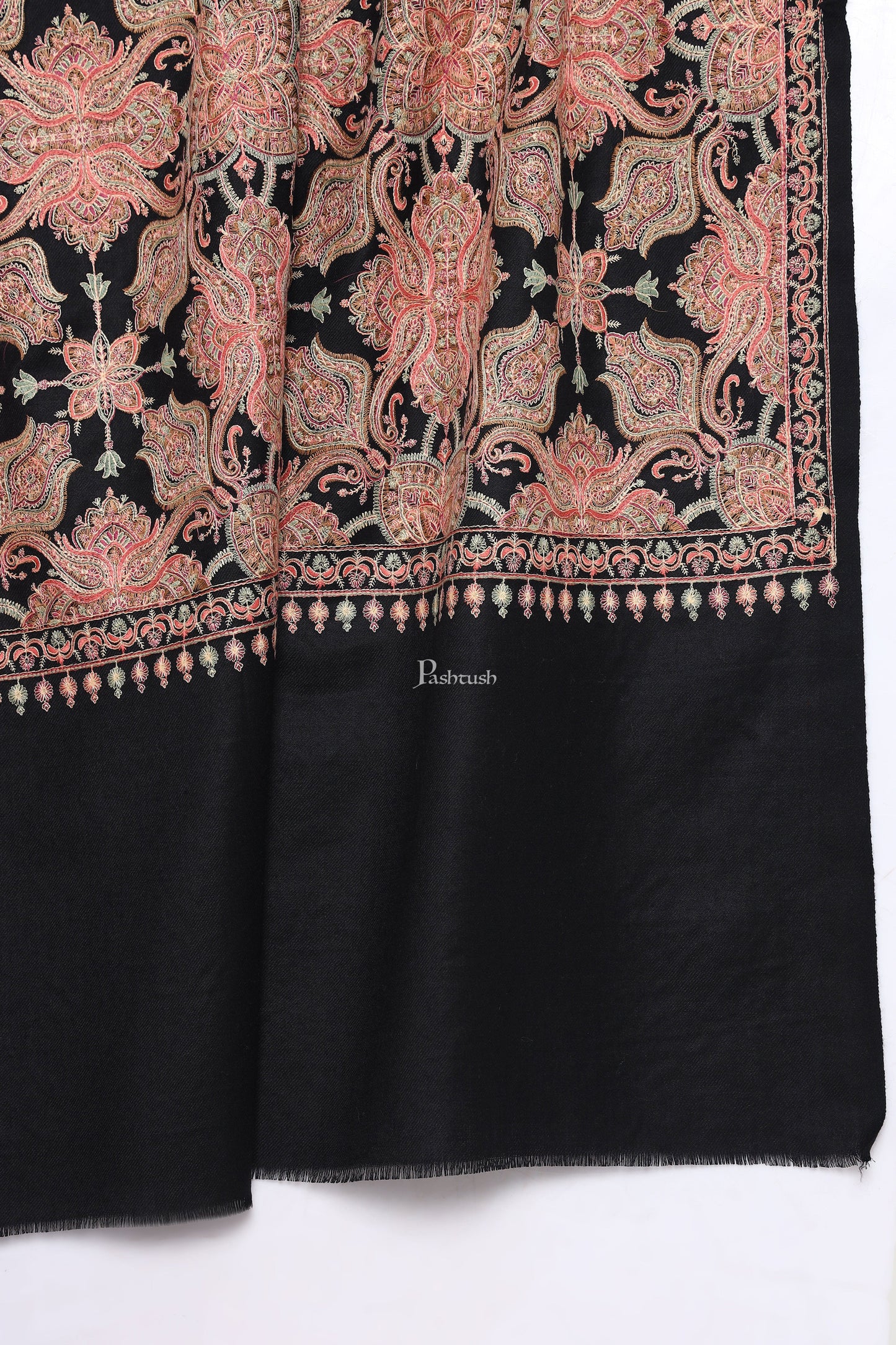Pashtush India Mens Scarves Stoles and Mufflers Pashtush Mens Extra Fine Wool Stole, Heavy Jama Jaal Design, Black