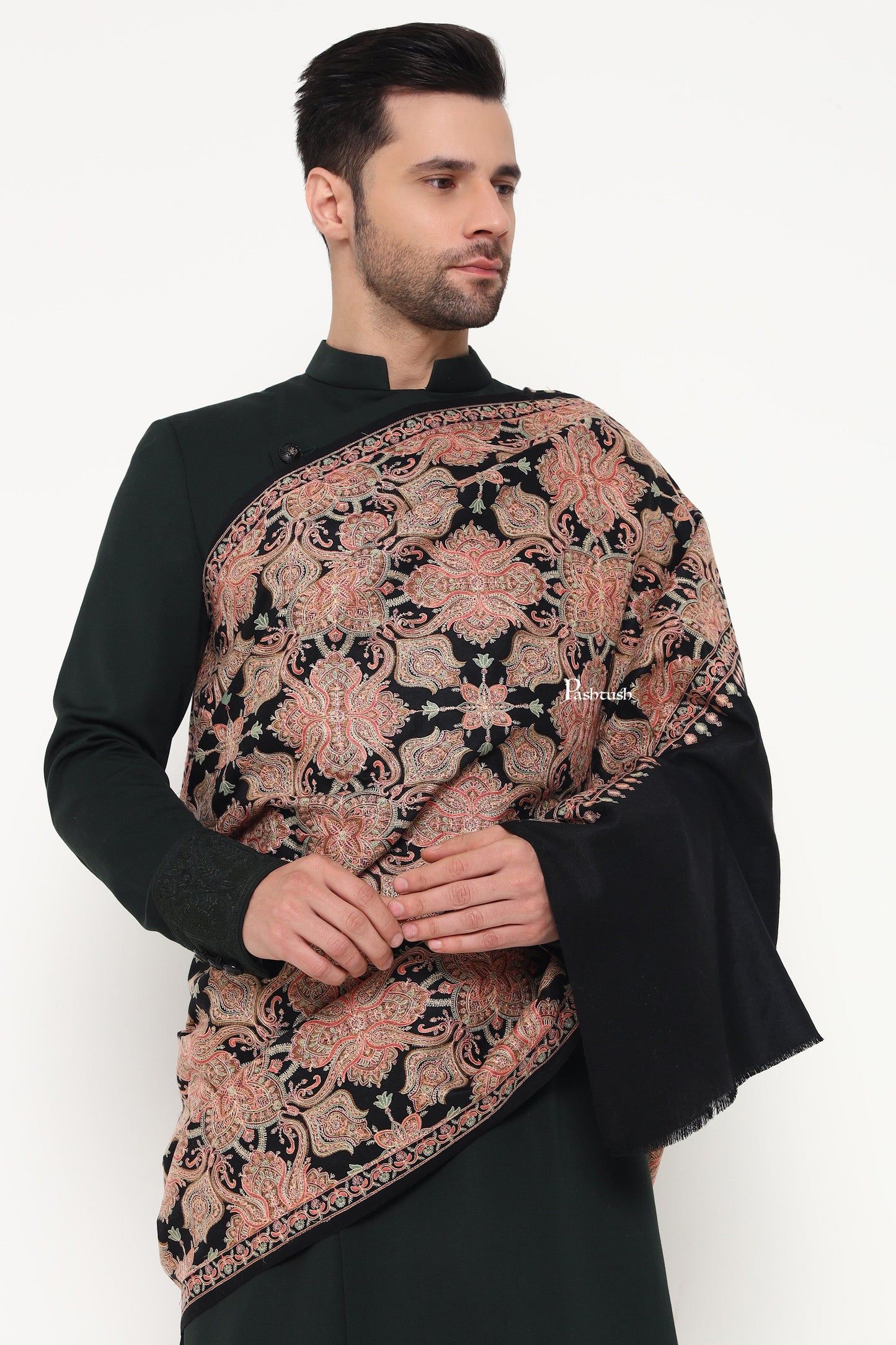 Pashtush India Mens Scarves Stoles and Mufflers Pashtush Mens Extra Fine Wool Stole, Heavy Jama Jaal Design, Black