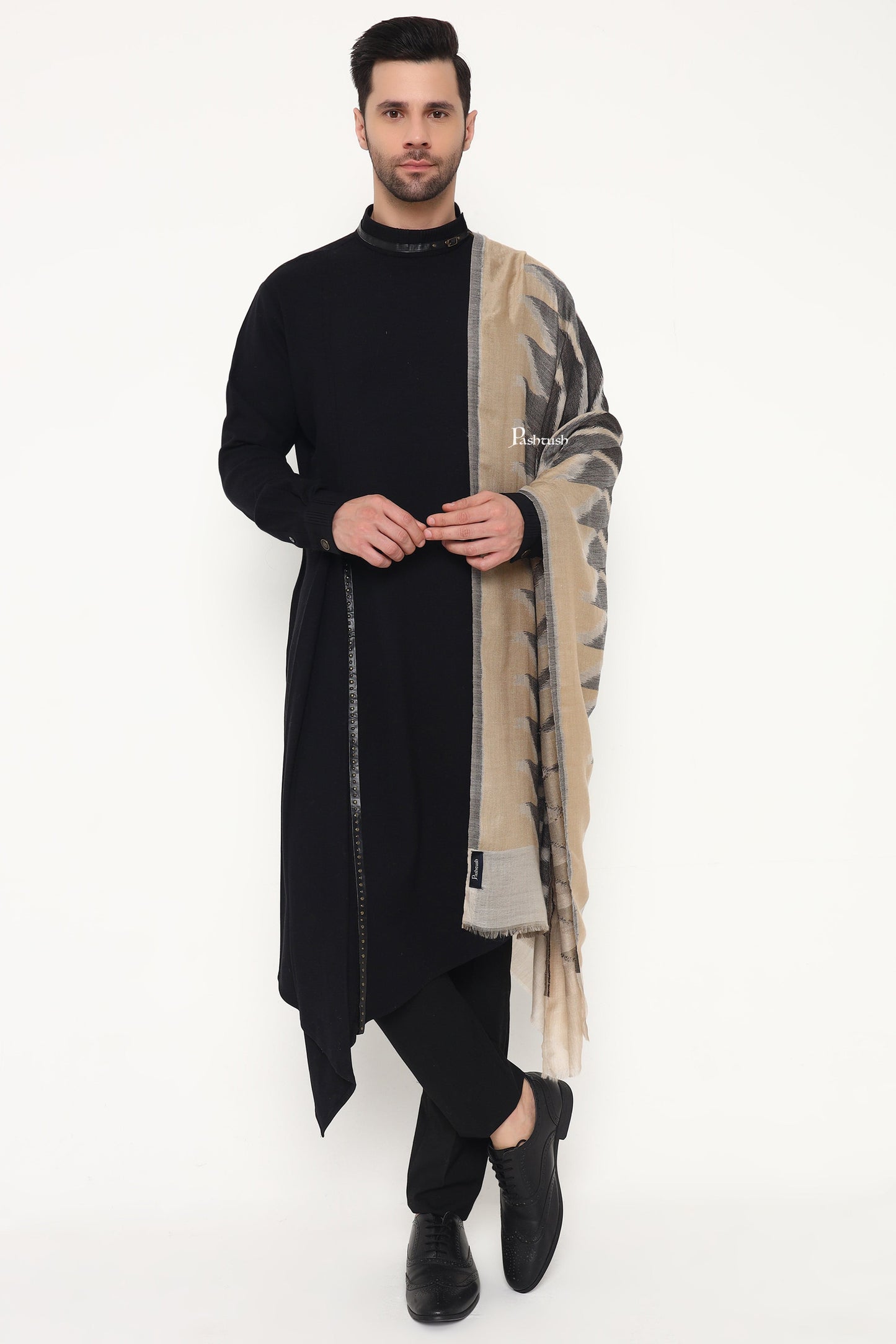 Pashtush India Mens Scarves Stoles and Mufflers Pashtush Mens Extra Fine Wool Stole, Ikkat Design, Beige