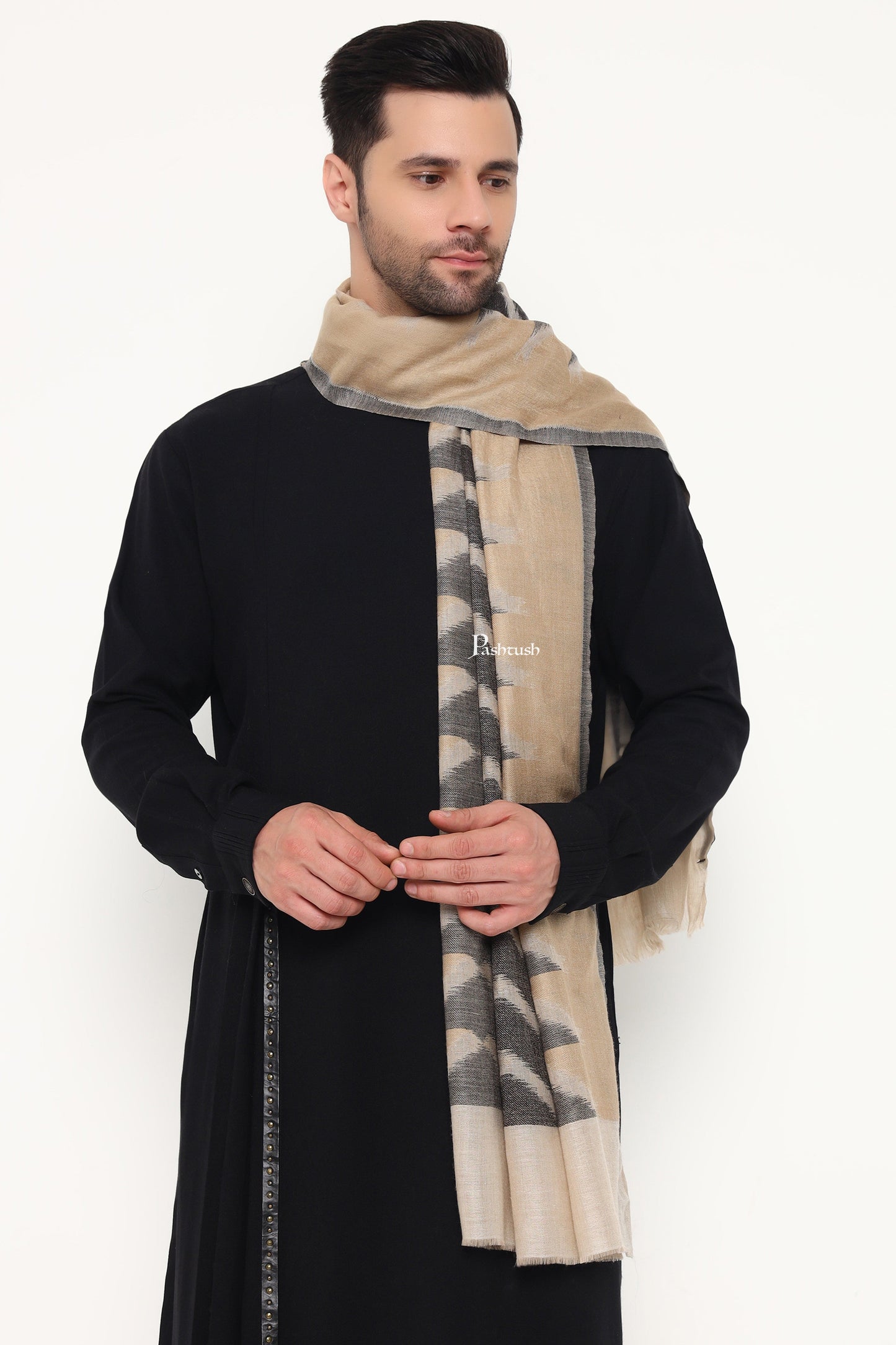 Pashtush India Mens Scarves Stoles and Mufflers Pashtush Mens Extra Fine Wool Stole, Ikkat Design, Beige