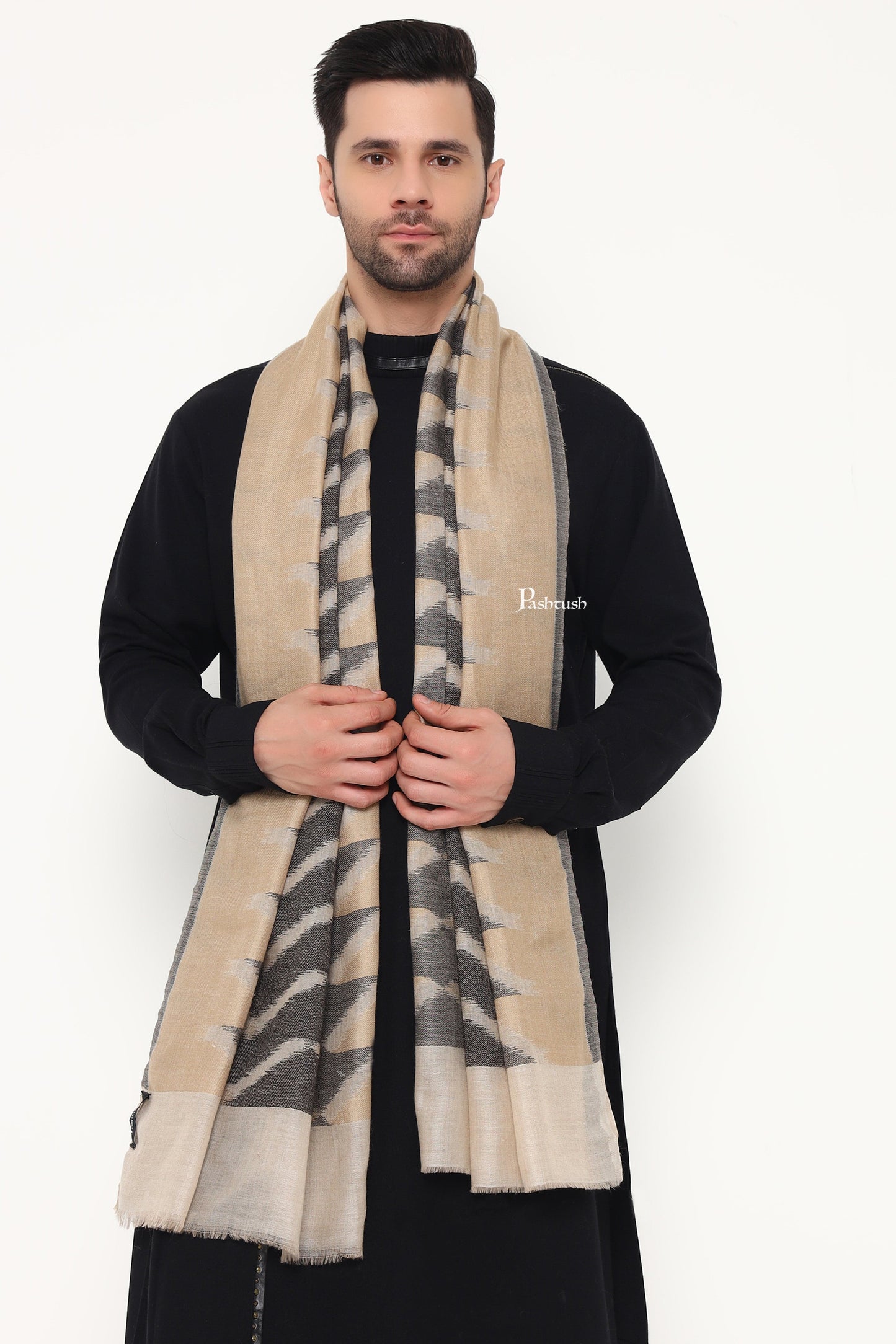 Pashtush India Mens Scarves Stoles and Mufflers Pashtush Mens Extra Fine Wool Stole, Ikkat Design, Beige
