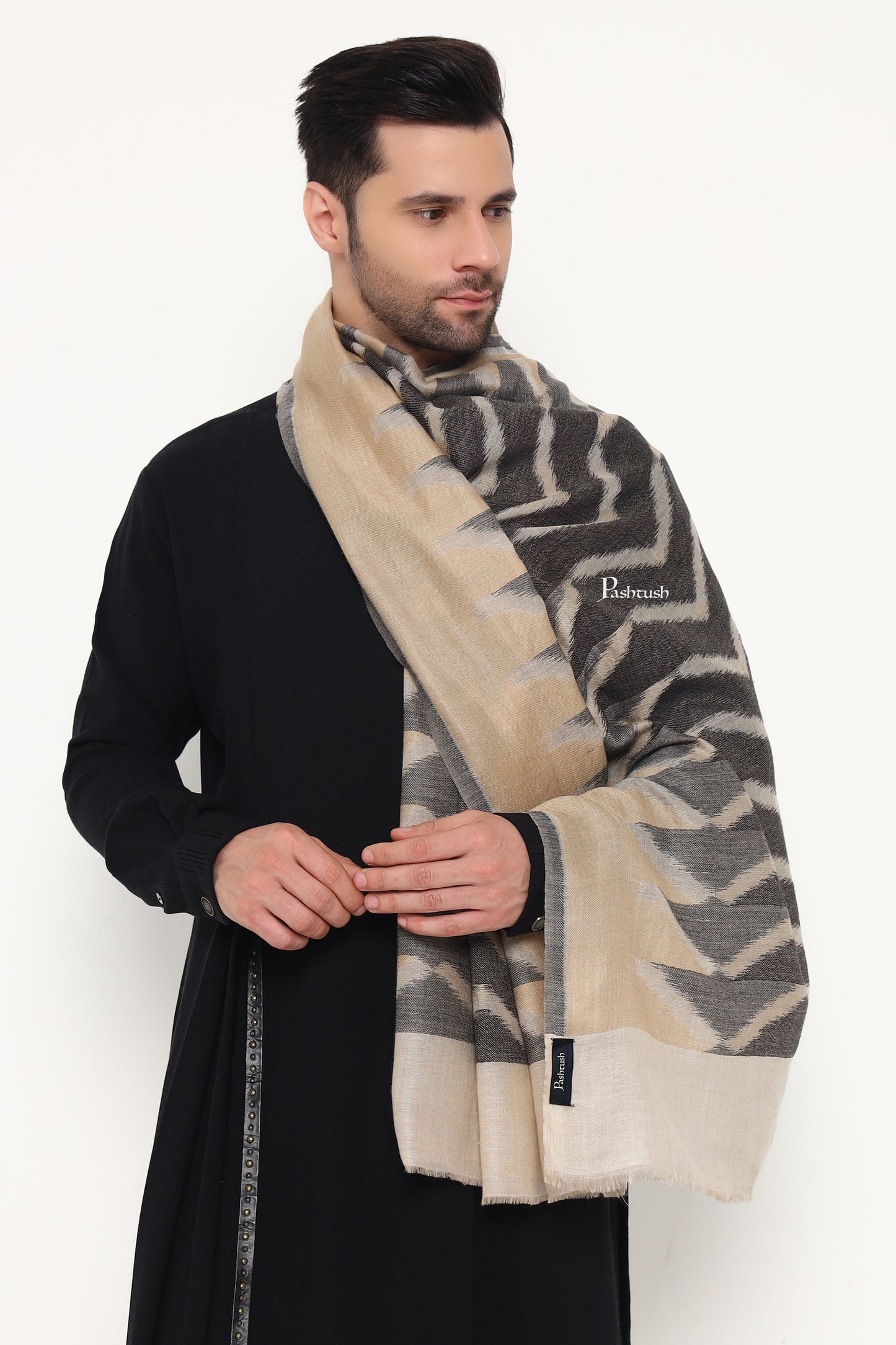 Pashtush India Mens Scarves Stoles and Mufflers Pashtush Mens Extra Fine Wool Stole, Ikkat Design, Beige