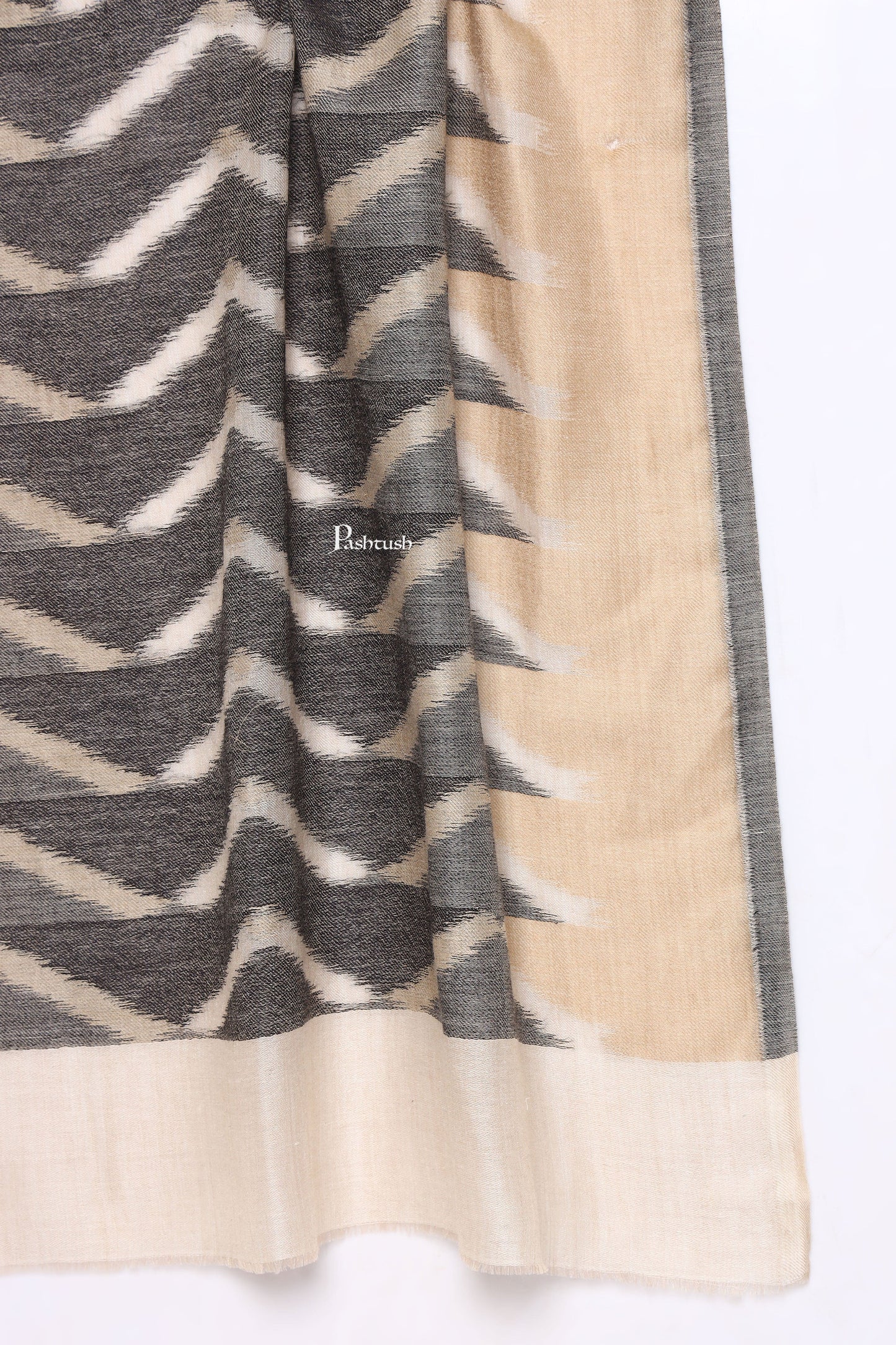 Pashtush India Mens Scarves Stoles and Mufflers Pashtush Mens Extra Fine Wool Stole, Ikkat Design, Beige