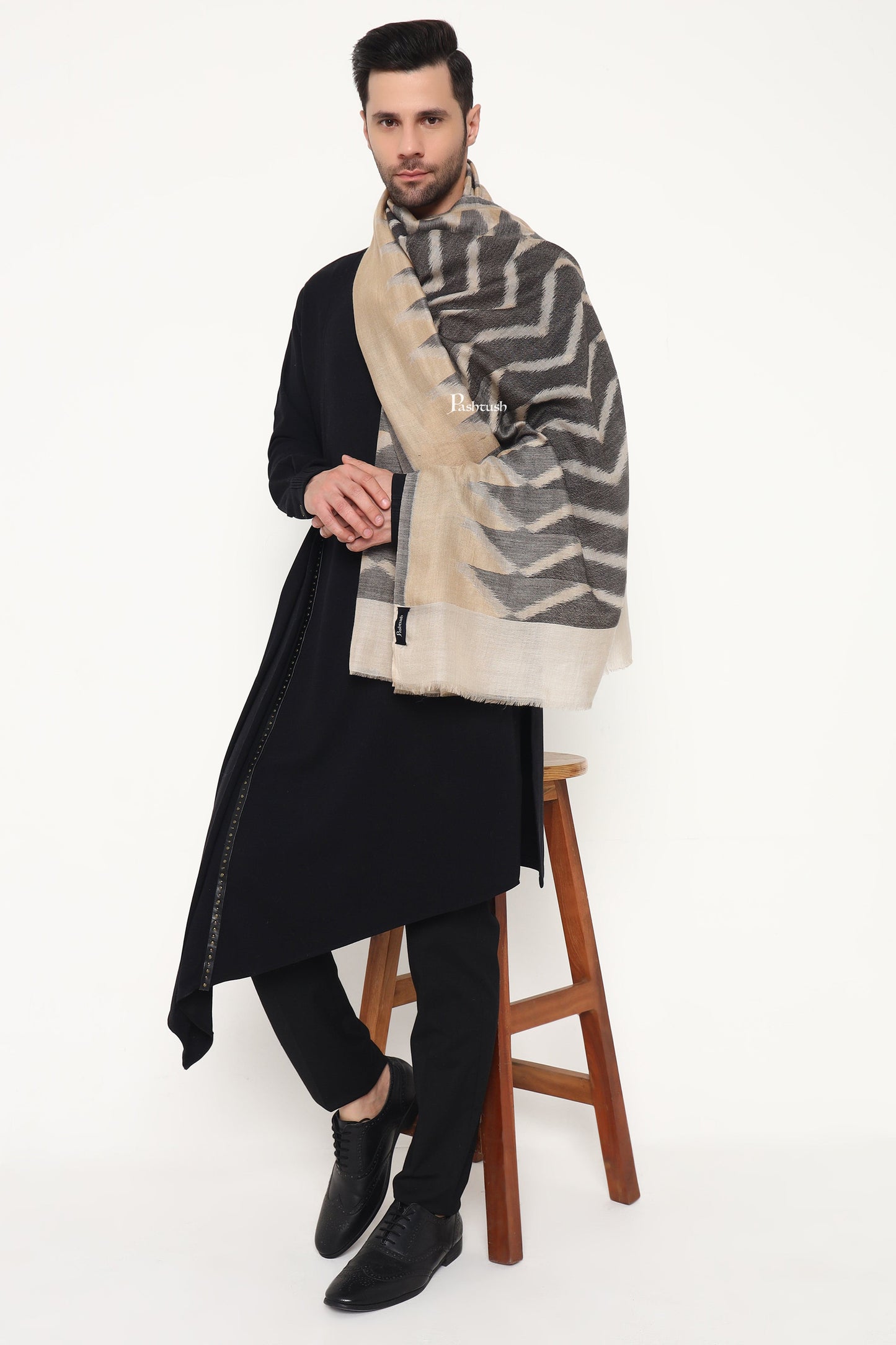 Pashtush India Mens Scarves Stoles and Mufflers Pashtush Mens Extra Fine Wool Stole, Ikkat Design, Beige