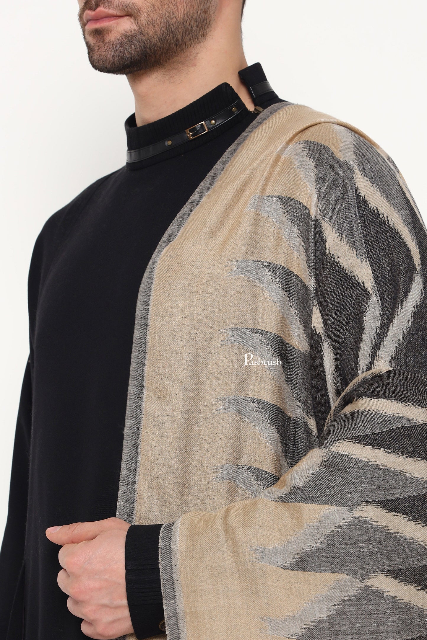 Pashtush India Mens Scarves Stoles and Mufflers Pashtush Mens Extra Fine Wool Stole, Ikkat Design, Beige