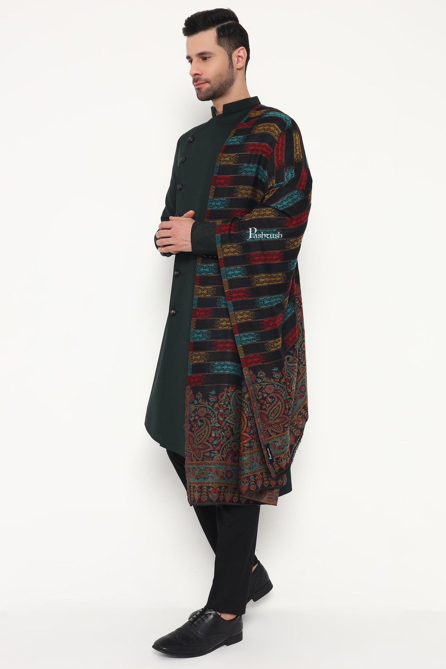 Pashtush India Mens Scarves Stoles and Mufflers Pashtush Mens Extra Fine Wool Stole, Ikkat With Zari Design, Black