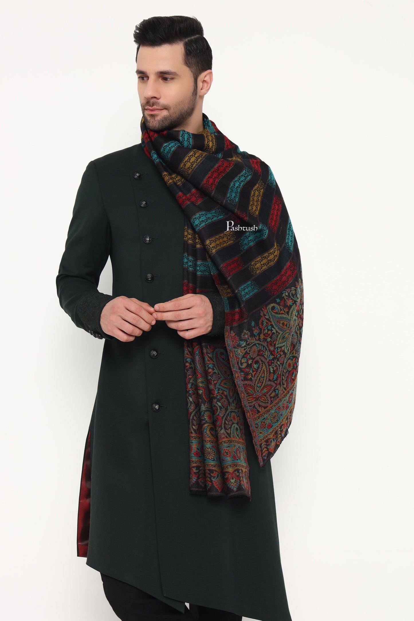 Pashtush India Mens Scarves Stoles and Mufflers Pashtush Mens Extra Fine Wool Stole, Ikkat With Zari Design, Black