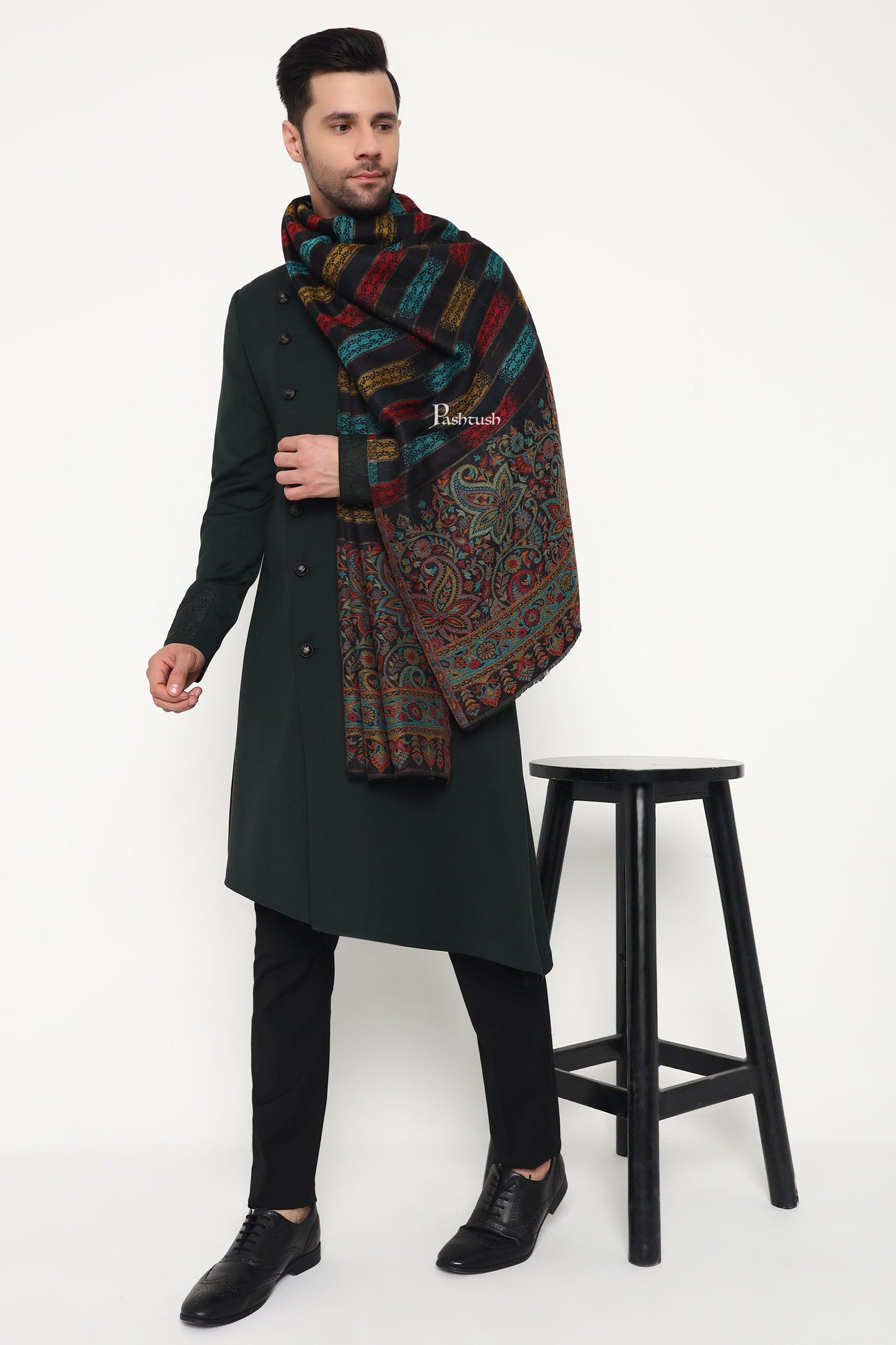 Pashtush India Mens Scarves Stoles and Mufflers Pashtush Mens Extra Fine Wool Stole, Ikkat With Zari Design, Black