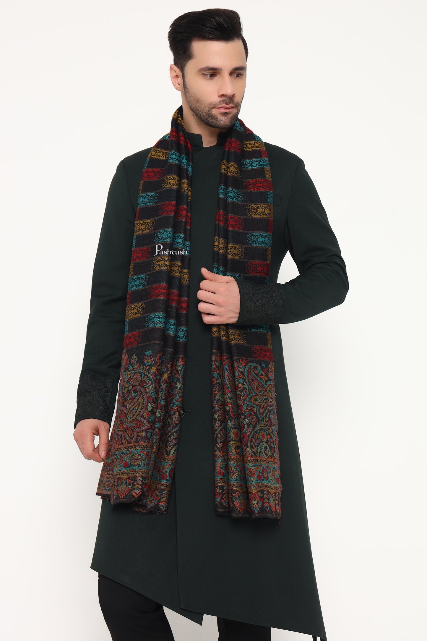 Pashtush India Mens Scarves Stoles and Mufflers Pashtush Mens Extra Fine Wool Stole, Ikkat With Zari Design, Black