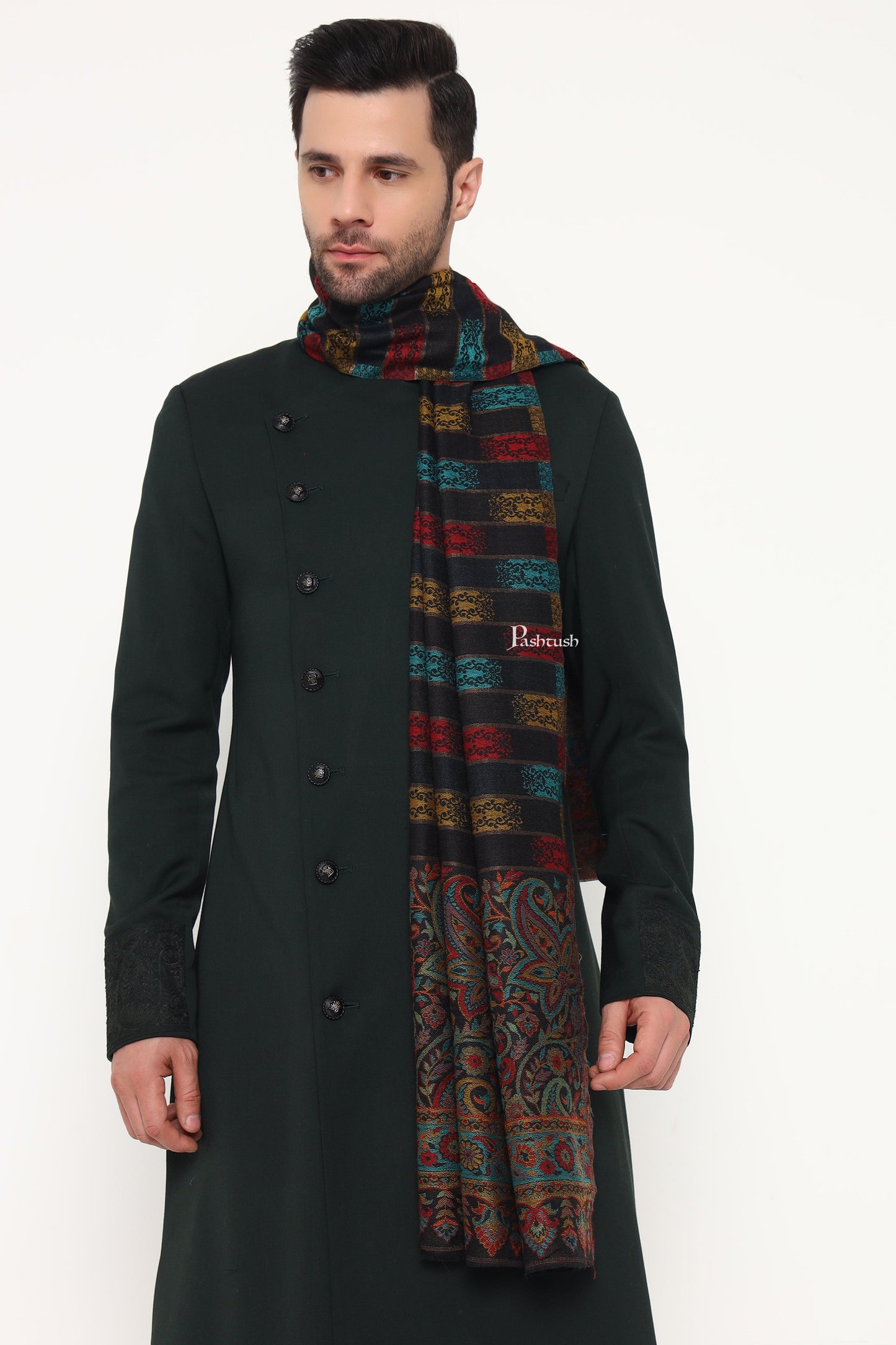 Pashtush India Mens Scarves Stoles and Mufflers Pashtush Mens Extra Fine Wool Stole, Ikkat With Zari Design, Black