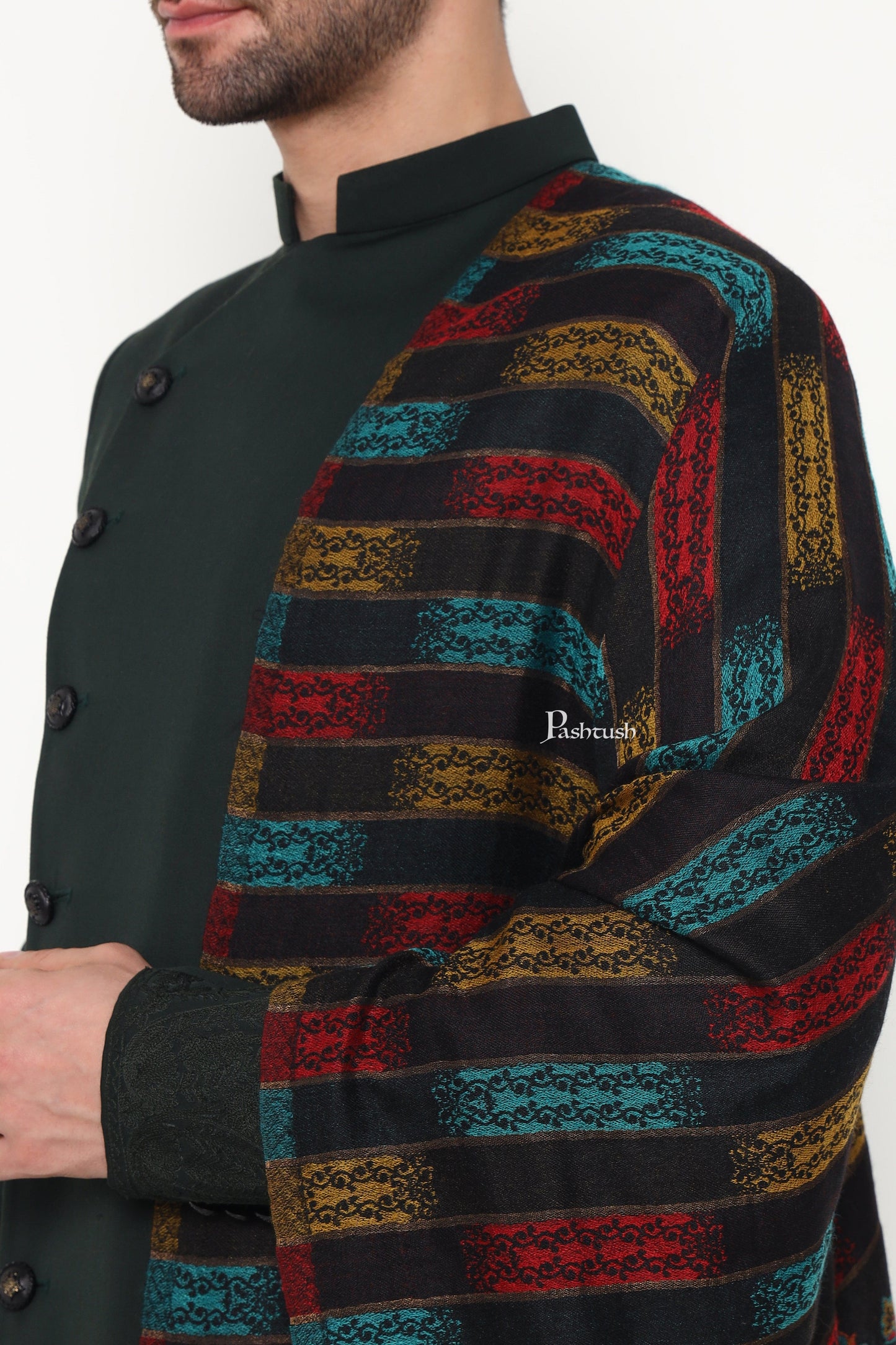 Pashtush India Mens Scarves Stoles and Mufflers Pashtush Mens Extra Fine Wool Stole, Ikkat With Zari Design, Black