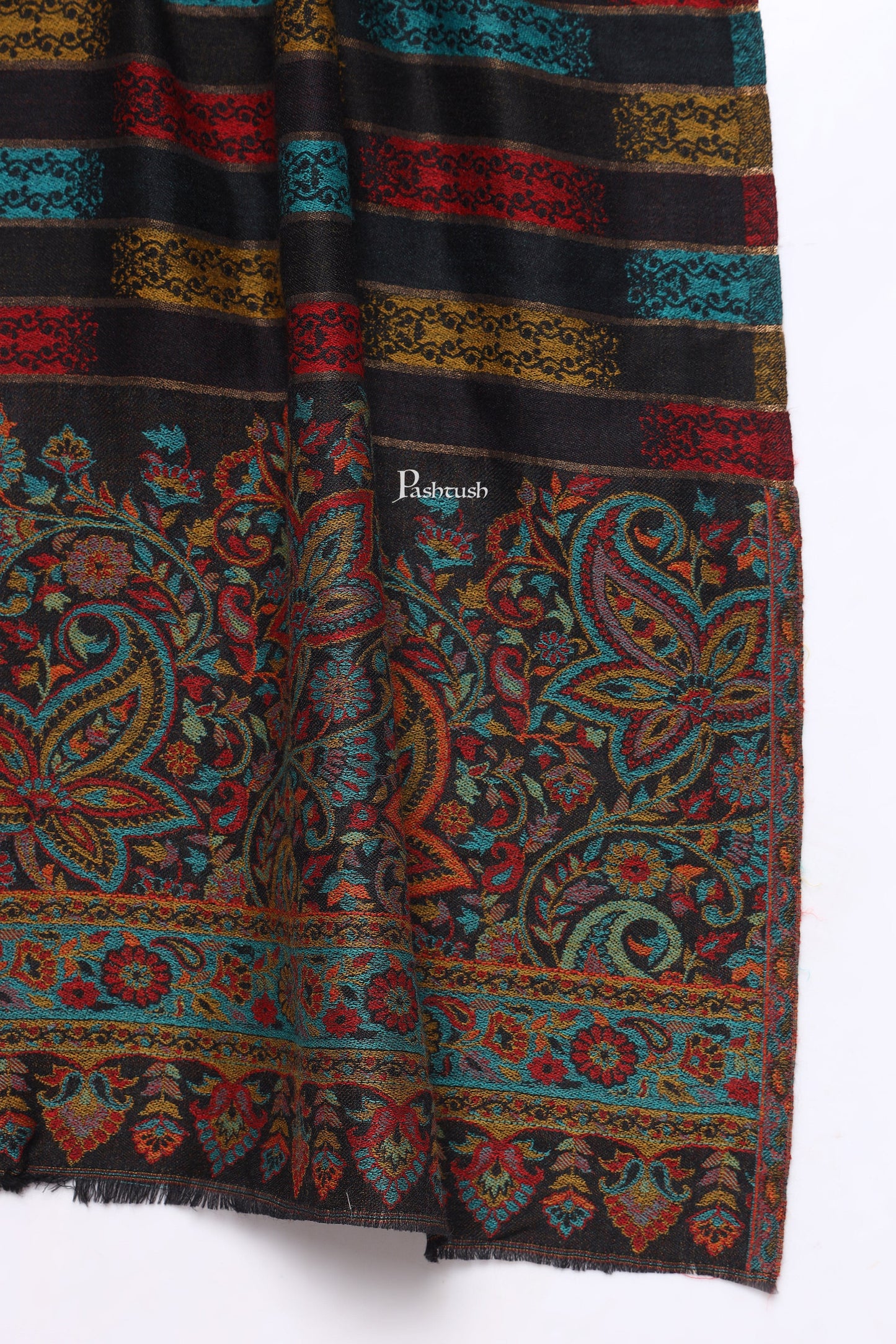 Pashtush India Mens Scarves Stoles and Mufflers Pashtush Mens Extra Fine Wool Stole, Ikkat With Zari Design, Black