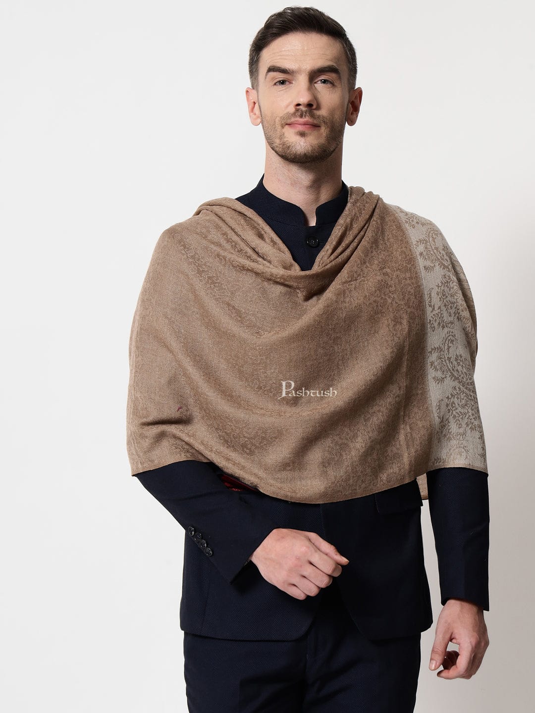 Pashtush India Mens Scarves Stoles and Mufflers Pashtush mens Extra Fine Wool stole, jacquard palla design, Taupe