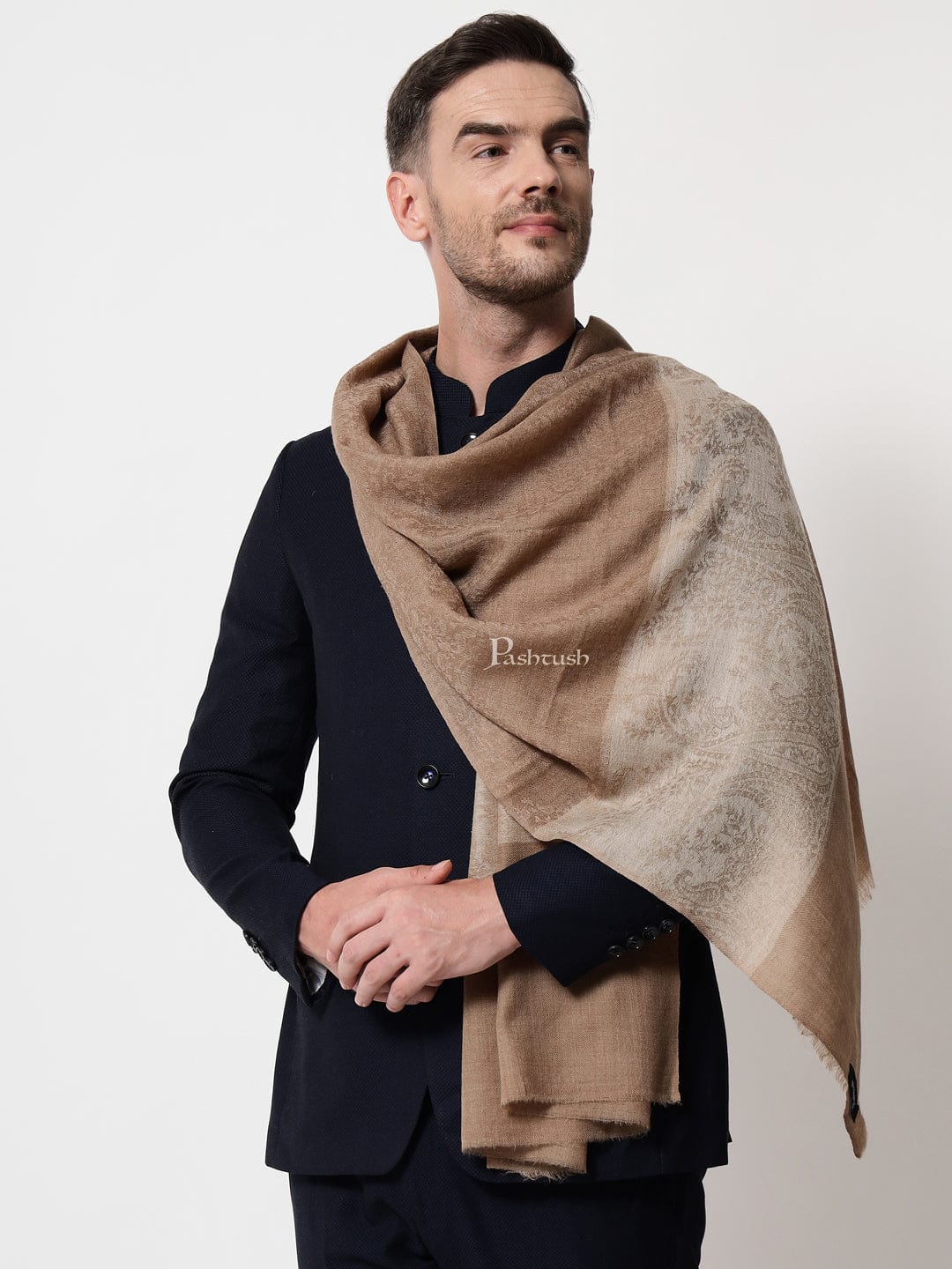 Pashtush India Mens Scarves Stoles and Mufflers Pashtush mens Extra Fine Wool stole, jacquard palla design, Taupe