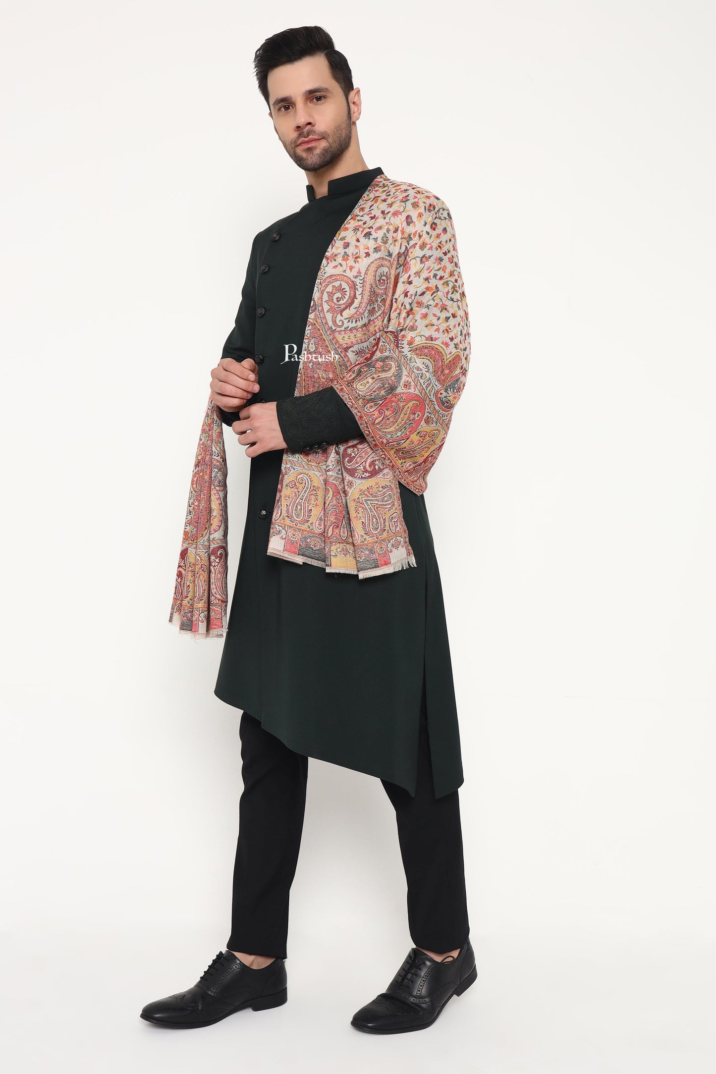Pashtush India Mens Scarves Stoles and Mufflers Pashtush Mens Extra Fine Wool Stole, Paisley Design, Beige