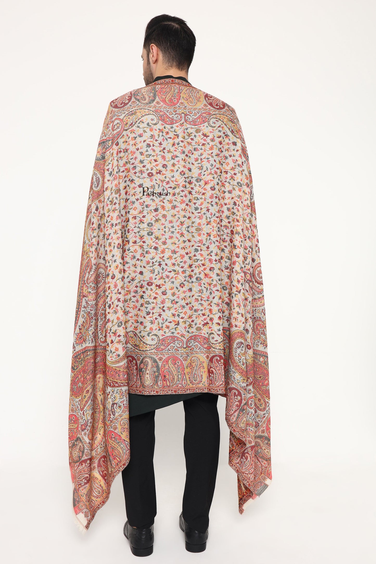 Pashtush India Mens Scarves Stoles and Mufflers Pashtush Mens Extra Fine Wool Stole, Paisley Design, Beige