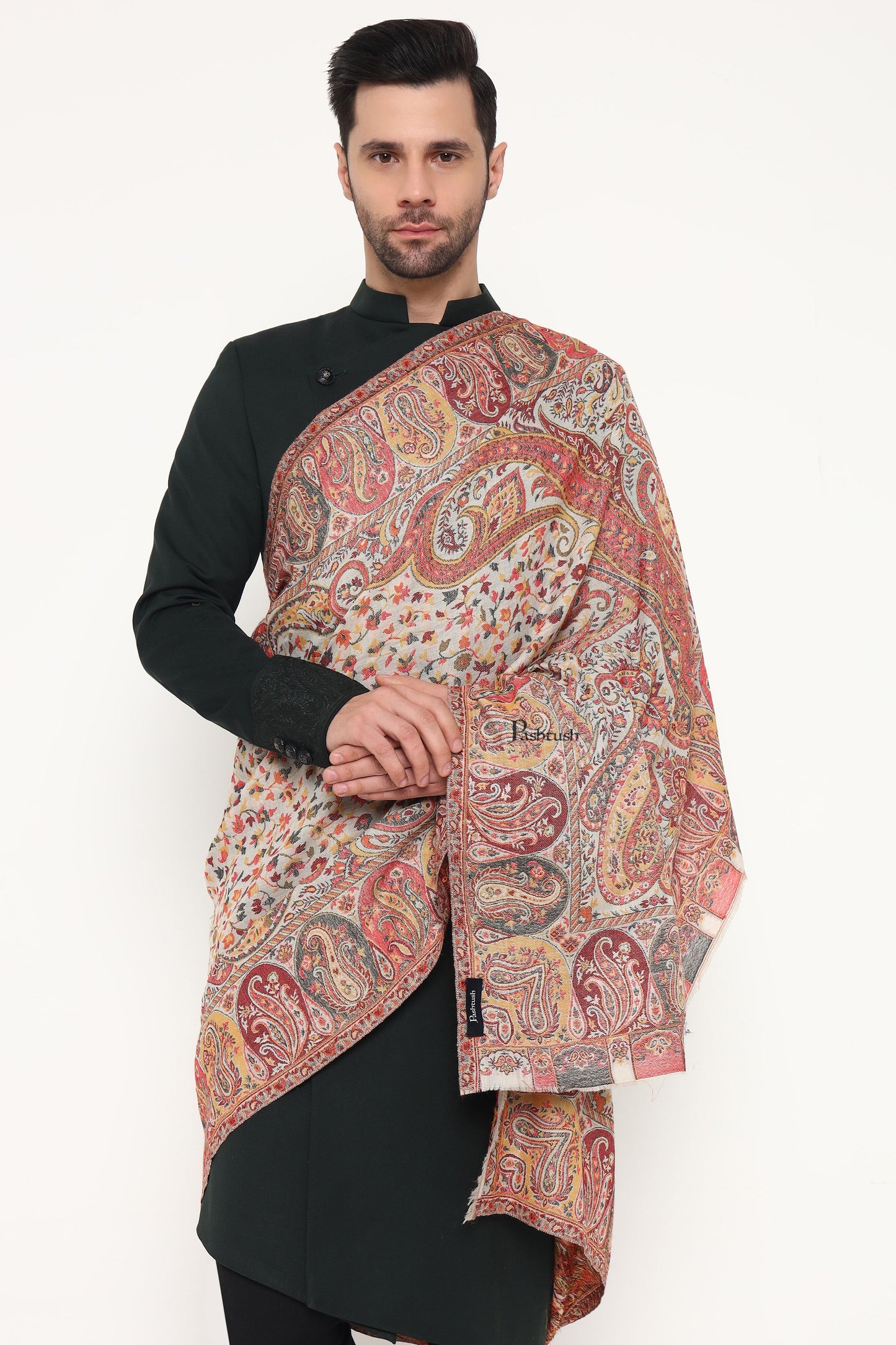 Pashtush India Mens Scarves Stoles and Mufflers Pashtush Mens Extra Fine Wool Stole, Paisley Design, Beige